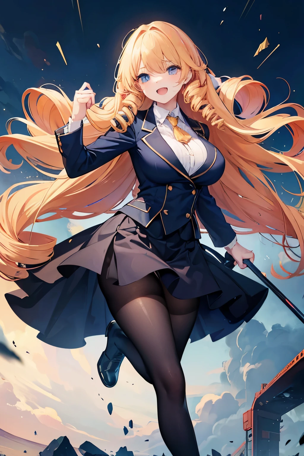 ((masterpiece,highest quality)),((Fine details)),Tall,Big Butt,Long golden hair,Drill Hair,Curly Hair,,blazer,Lady,skirt,tights,Blue Eyes,Laughing with your mouth open,Combat Boots,No background,front,Standing with your legs apart,Star-shaped pupils,milf,Very big ,Big Breasts、Plump thighs,Stand upright with both feet on the ground,Scraper,Excavator,((I have nothing:1.2))