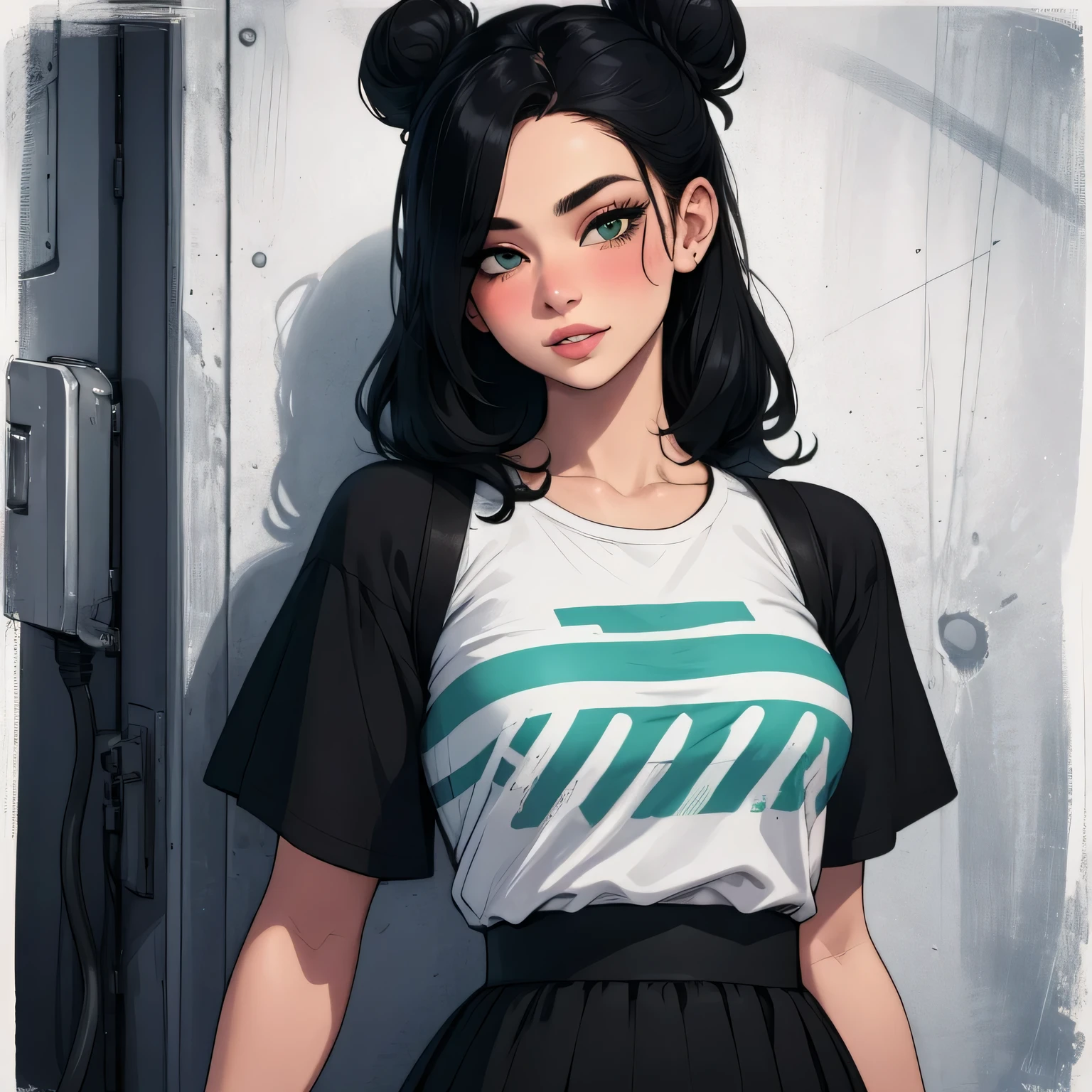 (best quality, highres:1.2), ultra-detailed, realistic:1.37, portraits, seductive gaze,detailed beautiful eyes,detailed long eyelashes,detailed lips,parted lips,intense blush,soft smile,soft smile and gaze,sexy woman, messy bun hairstyle, black hair,luscious black hair,cute bun, black and white striped t shirt, dark green skirt,medium chest, perfect body