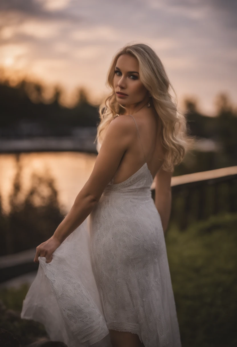 a beautiful woman with long blonde hair goes out to party in a trendy nightclub , wearing a beautiful short black dress, weiches Licht von der Seite, beautiful blonde girl, Sexy girls, 2 4 Jahre altes weibliches Model, attraktiv, blonde goddess, blonde girl, seitliche Haltung, pose attraktiv, sexy Aussehen, with natural light background, Pose casual,