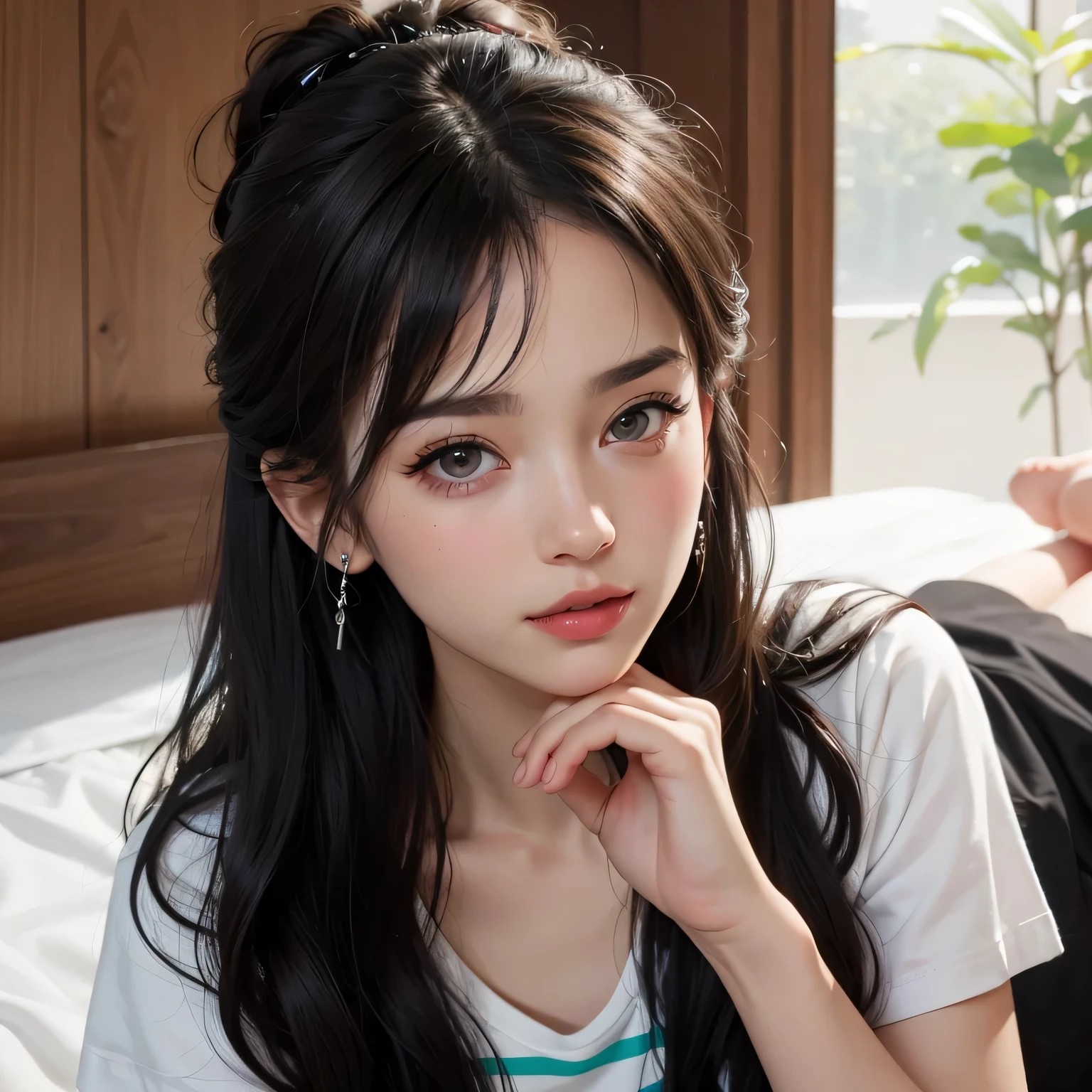 (best quality, highres:1.2), ultra-detailed, realistic:1.37, portraits, seductive gaze,detailed beautiful eyes,detailed long eyelashes,detailed lips,parted lips,intense blush,soft smile,soft smile and gaze,sexy woman, messy bun hairstyle, black hair,luscious black hair,cute bun, black and white striped t shirt, dark green skirt,medium chest, perfect body