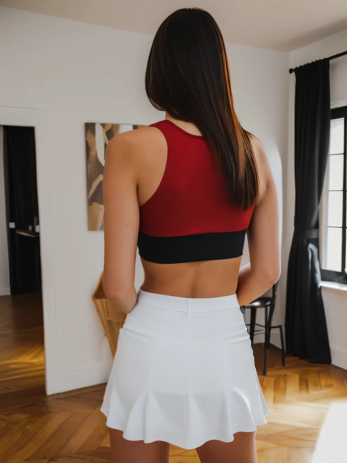 There is a beautiful woman, light brown and tanned, standing in the dining room, with her hands as if she is doing a maneuver. She is wearing a red tank top and black mini skirt, with black sneakers. The living room has wooden floors and furniture, including chairs around a dining table. A rug is under her feet, photo taken from the side, photo taken from behind, red tank top. She is dressed casually for comfort, wearing a vibrant red tank top that contrasts with her black shorts/skirt, in good physical shape, leg and hip photo, fitness body, wide full body photo, slim waist and thick hips. Woman with white skin, tanned, around 40 years old and dark hair, measuring 164 cm tall and weighing around 55 kg, highly realistic, reddish skin, hyperrealism, very elaborate skin, full body photo, clear photo, tall quality, high resolution, masterpiece, (photographically realistic) UHD, high contrast, masterpiece 16K: 1.3, high resolution, (photographically realistic), NUDE, NUDITY, NFSW.