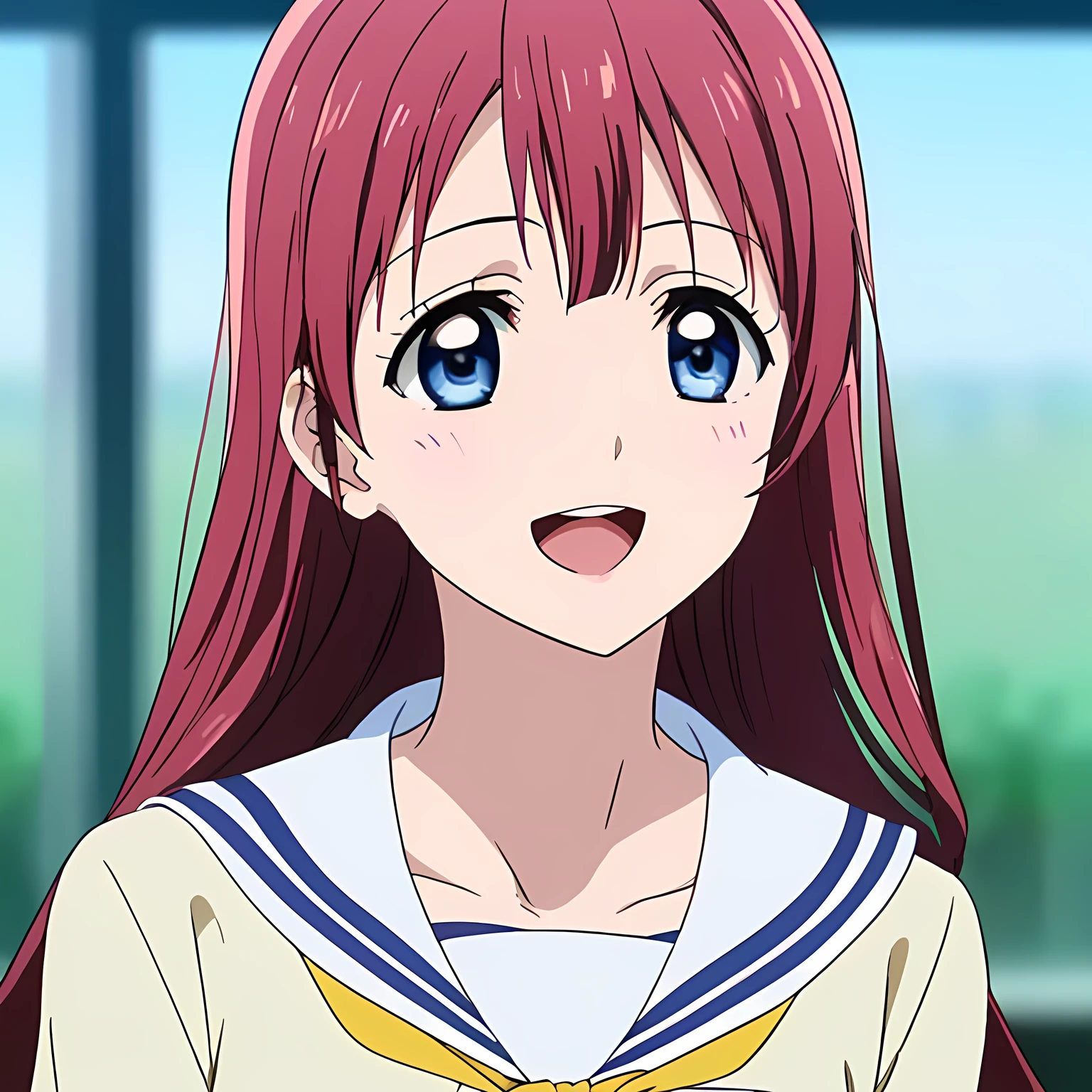 highest quality, (masterpiece:1.2), Very detailed, Game CG, ((((Very beautiful school uniform1Close-up shot of a girl)))), ((The girl everyone loves)), (((Very beautiful pink hair))), ((((Yellow sailor suit)))), ((Sailor uniforms have blue lines)), ((Dark navy blue checked long skirt)), ((((Very beautiful and shining eyes)))), ((Very long eyelashes)), A big red ribbon on the chest, ((An elegant expression like a noble princess)), (((Beautiful and great smile))), Small face and great posture, ((Give the viewer a heavenly feeling of happiness)), (((Blur the background))), ((A very compassionate face)), ((Anime heroine smiling and open mouth)), ((Shapely breasts))