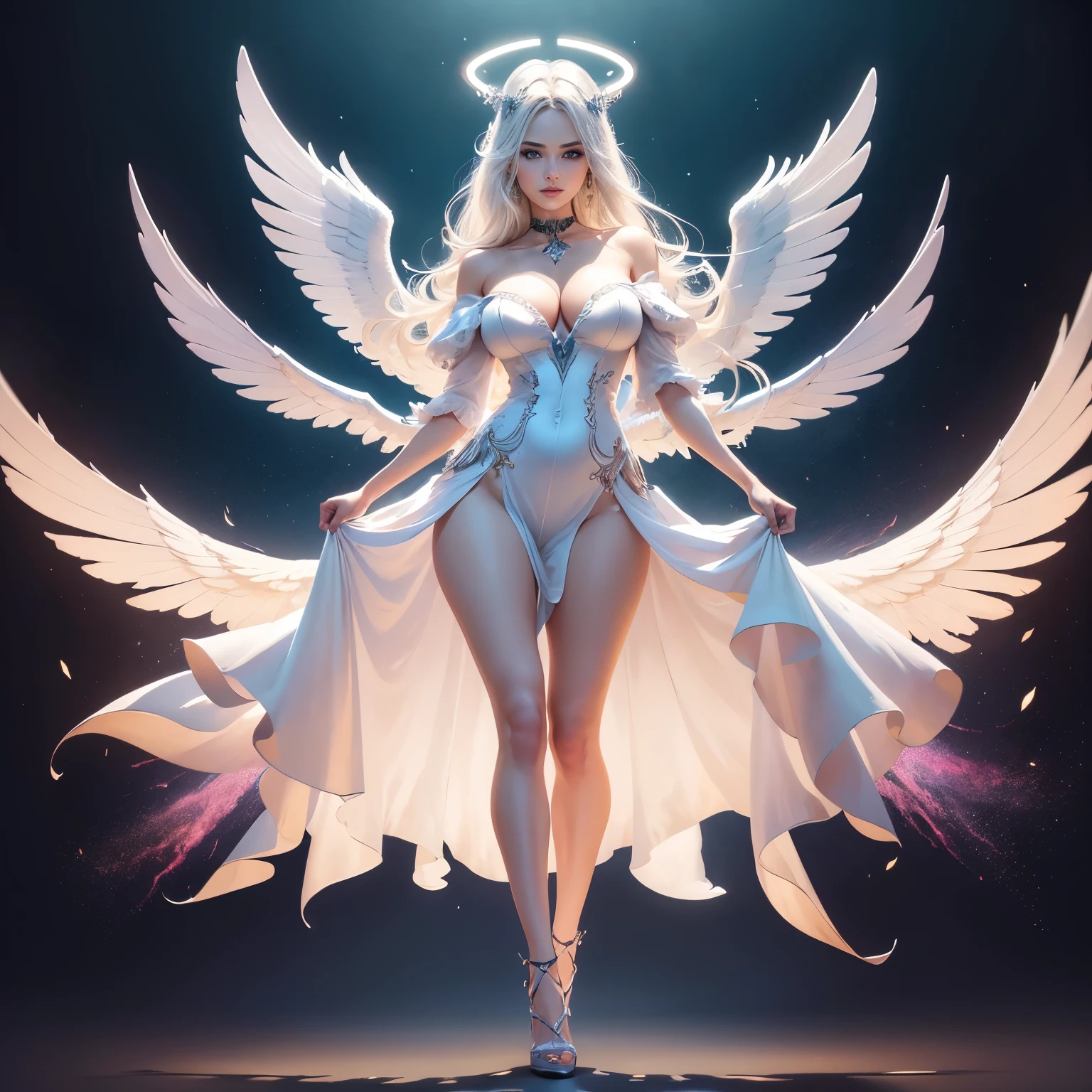 ((colorful dress, colorful theme, clothing, colorful theme, Very bright colors, Light particles)), symmetry, portrait, full body shot, accurate, 16k, highres, best quality, award winning, super detail, anatomically correct, masterpiece, retina, UHD, Ombre, Smile, Cleavage, Pure, High heels, Laces, Glitter, No bra, Offshoulder, Highly detailed facial and skin textures, Detailed eyes, Choker, Full body photoshoot, Full body, Far view, Full body in view, High heels in view, Attractive legs, Sexy legs, Tall legs, Slim figure, Dressed, (photorealistic: 1.4, clear: 1.2, perfect body: 1.4, beauty: 1.4, slim abdomen: 1.2, big breasts: 1.2, fit: 1.5, full-body shot: 1.4, random hairstyles: 1.2),((full body female angel, shining halo over head, extremely bright halo, halo)), 1 angel girl, shining wings, shining halo, exquisite headdress, beautiful female angel, large wings, white hair, white wings, on clouds, beautiful angel, attractive angel, clouds, glowing eyes