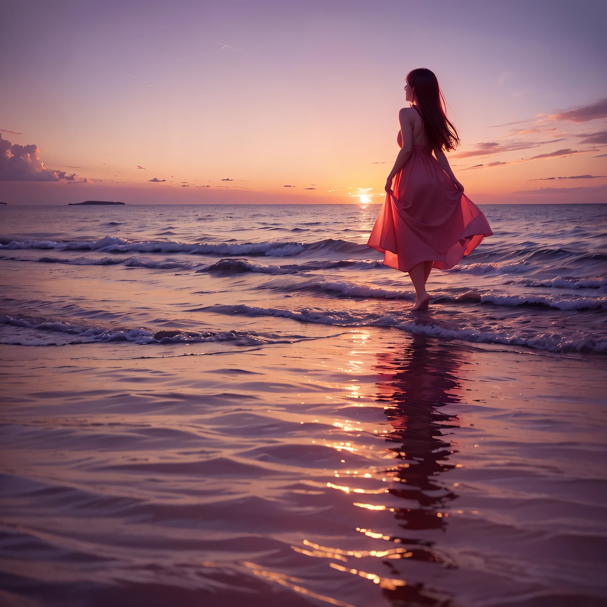 A backshot image of a girl standing on top of water, reflecting the beautiful, pink and red sunset. The water seems to infinitely go on. The girl is wearing a pink dress that sways in the summer breeze. The girl is centered in the image. You can barely see the headphones on her head because she is so far away from the camera.