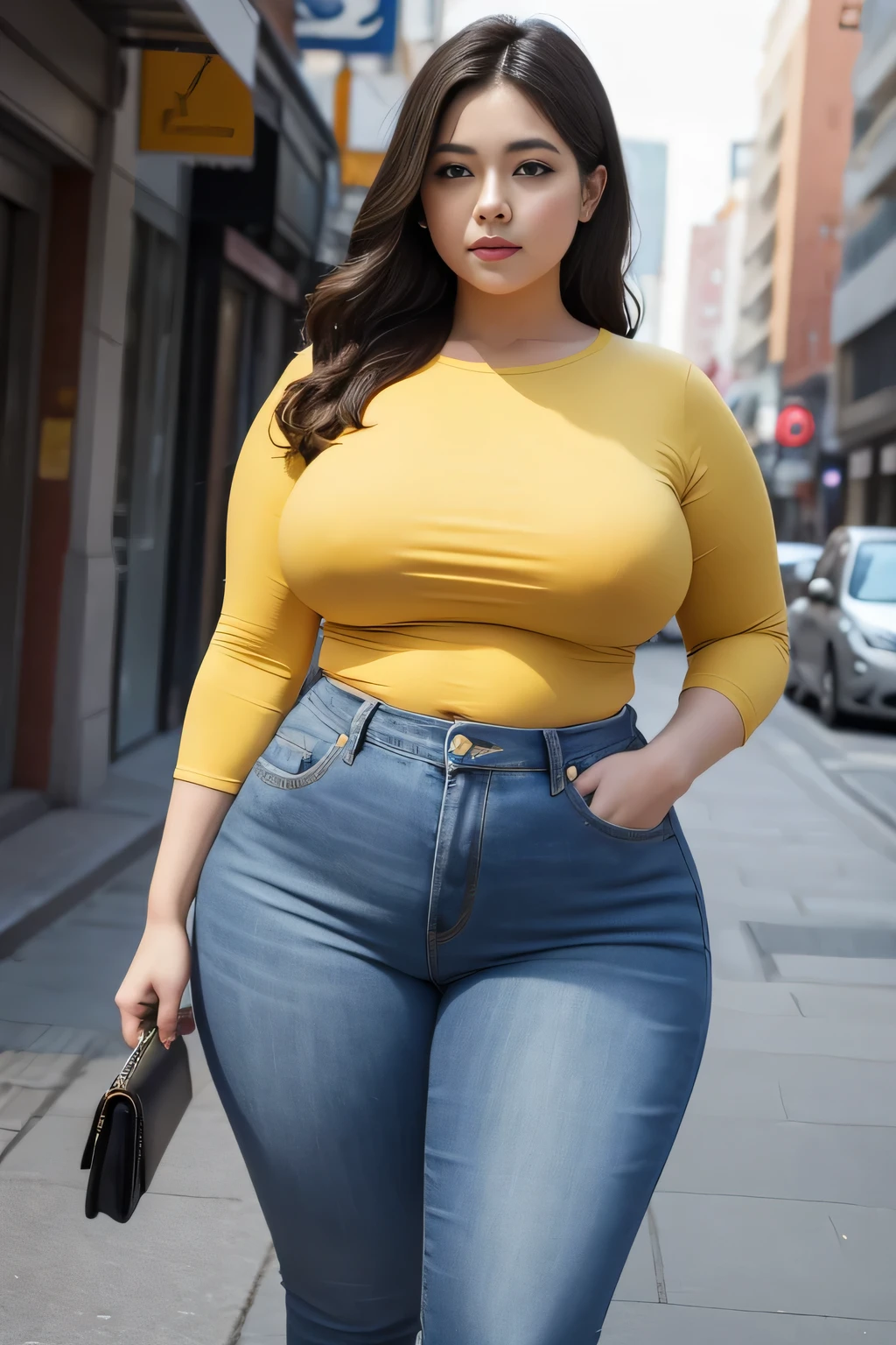 araffe woman in a yellow shirt and blue denim jeans walking down a street, thicc, she has a jiggly fat round belly, bbwchan, wearing tight simple clothes, skinny waist and thick hips, widest hips, her belly is fat and round, soft curvy shape, hyperrealistic full figure, wearing a cute top, wide hips, monsoon background , curvy plus size