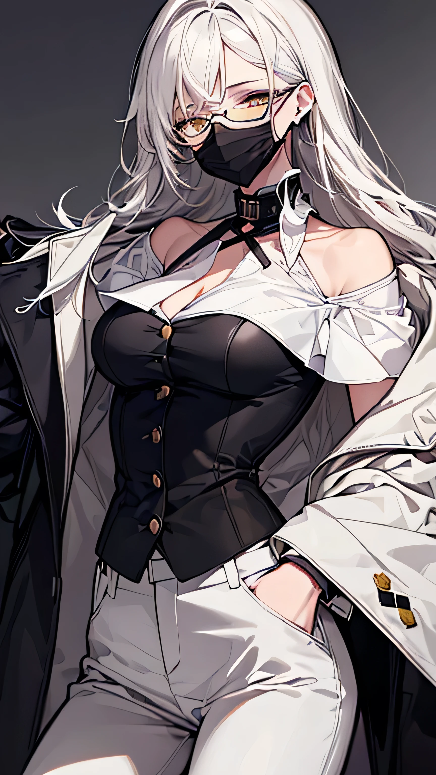 (highest quality、masterpiece:1.2) 1 Female, (adult), Dark skinn, Hair over the ears, light white hair, yellow Eyes, short glasses, ((black tailored jacket, white shirts, pants)), smiling eye, collarbone, (cleavage), little earring, different pose, gesture, pointy ears, (off shoulder), leather gloves, (mechanical mouth mask),