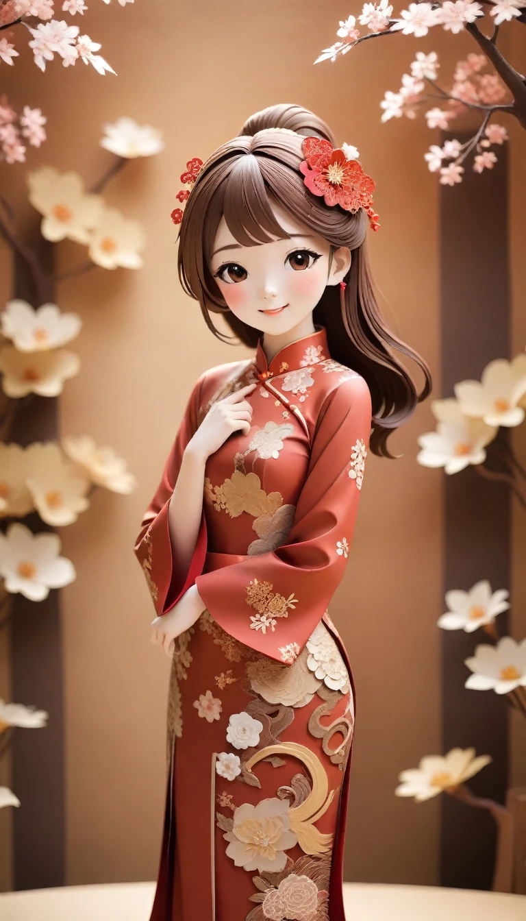 (paper art,layered paper art,Roll paper,Decoupage,Paper carving), 1 cheongsam,The head is a horse,fit,Perfect proportions,fine hair, whole body, Smile,Oriental elements,Simple background, brown, (soft light, Bokeh)