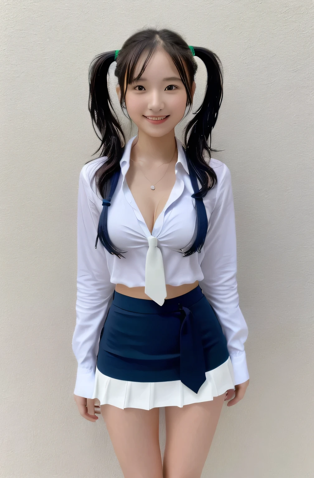 ((Ultra-high resolution)),8K,16 years old、Small breasts, , Twin tails, Green mini skirt, Navy blue tie、white shirt with open front、、Small cleavage 2:1,Idol Sculpture, Wet, smile、Pink wall、sexy、slender、Shapely small breasts、I can see your thighs、