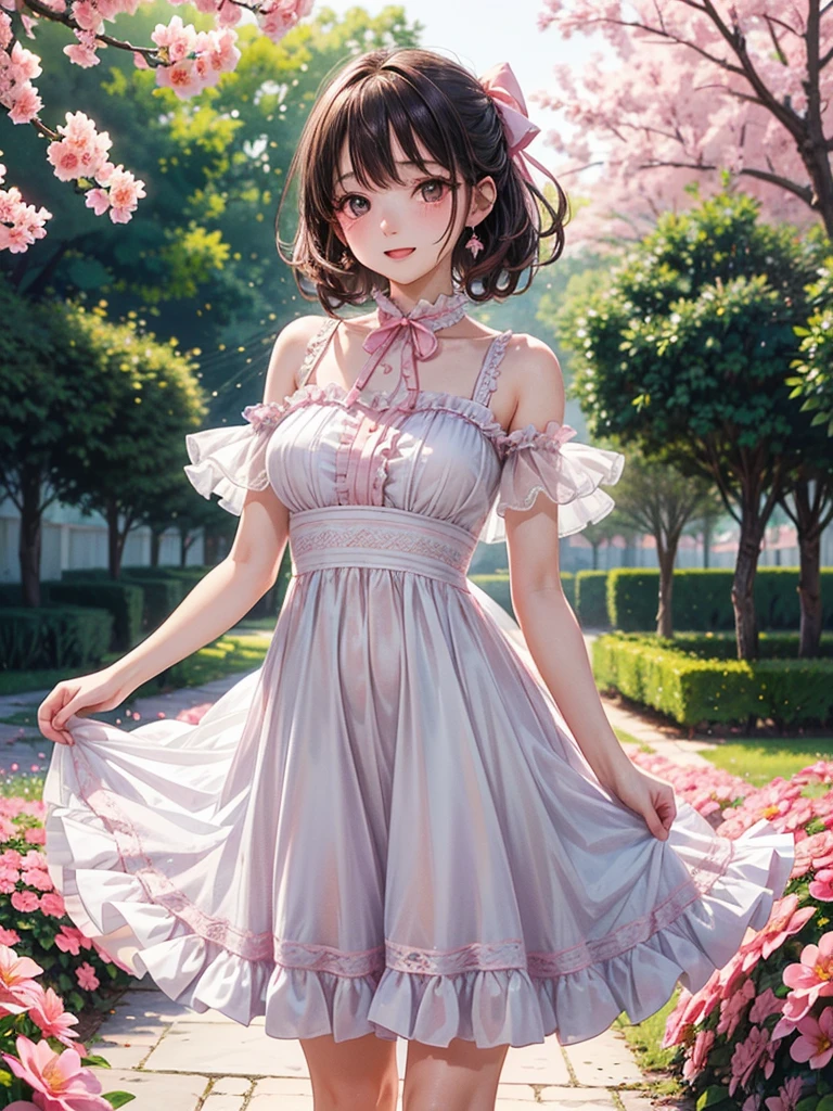 (​master piece),(top-quality:1.2),(perfect anatomy),1 woman,20 years old,exquisitedetails,Vibrant colors, Soft tones, With warm and gentle lighting,(white and pink long dress, Pretty Pink Ribbon, Beautiful frills:1.2),Pink eyes,beautiful detailed eyes,small breasts,(sideways glance),(on side),garden girl,The atmosphere is full of happiness and laughter,Combination of digital illustration and photography,soft pastel tones,Create an ethereal atmosphere like a dream,Depth of written boundary, Bokeh,film lighting,Standing in a park full of pink flowers