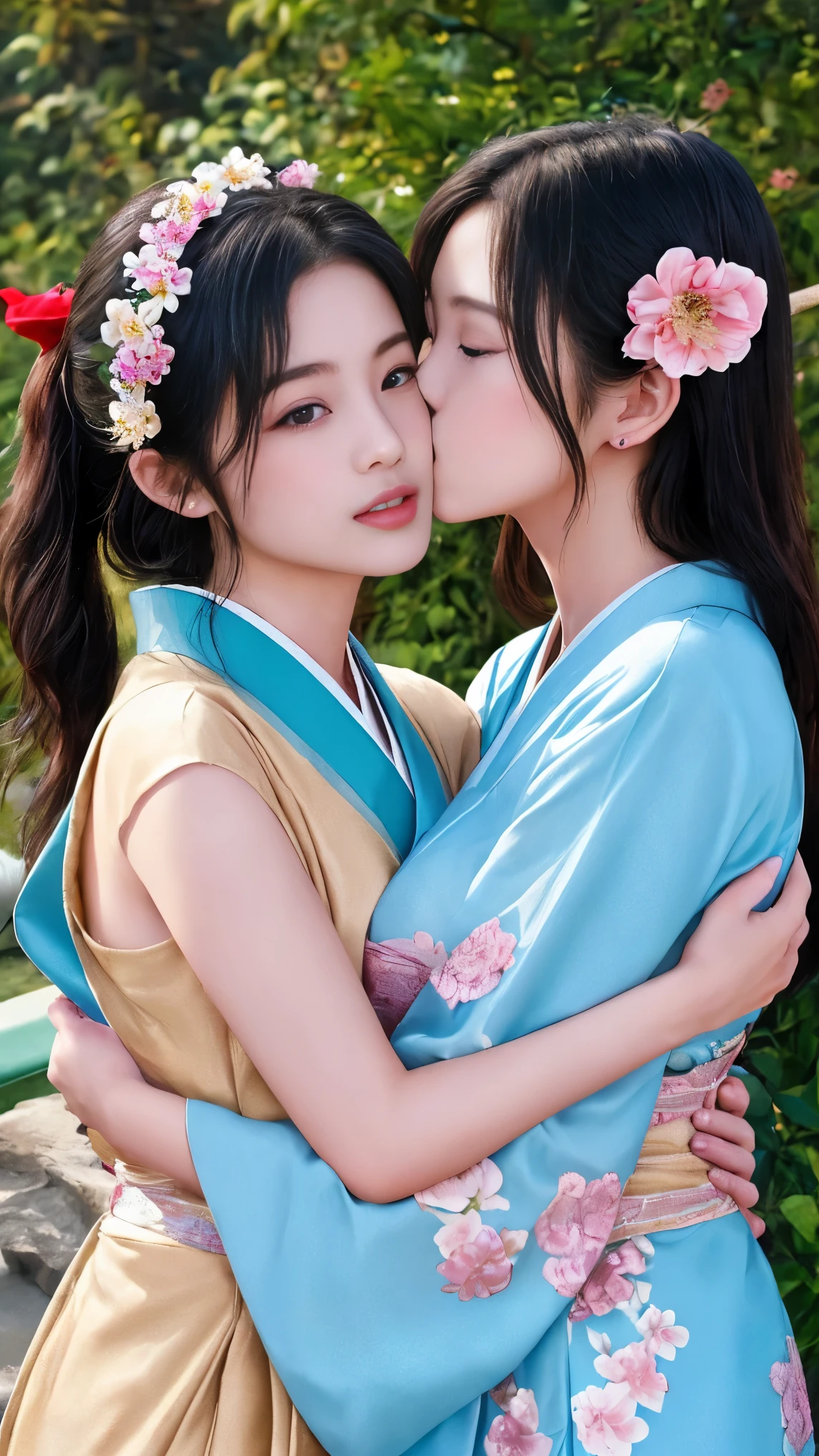 最high quality、high quality、Best image quality、8k、最High resolution、High resolution、最high quality、masterpiece、RAW Photos、whole body写真、Detailed and realistic human body、Detailed and realistic skin、Realistic face in every detail、Detailed and realistic eyes、Detailed and realistic lips、Detailed and realistic teeth、Detailed and realistic ears、Detailed and realistic hair、Realistic reproduction of every detail、((Beautiful Hands(thumb1、reference4))、Realistic feet down to the last detail、((Beautiful Japanese Girl))、(Japanese Model)、((18 year old beautiful girl2))、(Black Hair)、(Random Hairstyles)、((whole body))、((Slim and perfect figure))、(Beautiful and firm breasts)、(whole body光沢肌、Fair skin)、((twins、Sisters))、((A few girls))、Soft natural light、China dress、kimono、Ninja costume、Japanese tradition、Japanese garden、((Colorful see-through(Floral Ninja Costume))、((Relax in the garden(Girls hugging each other2))、(Girls looking at each other2)、(Kiss a girl2)