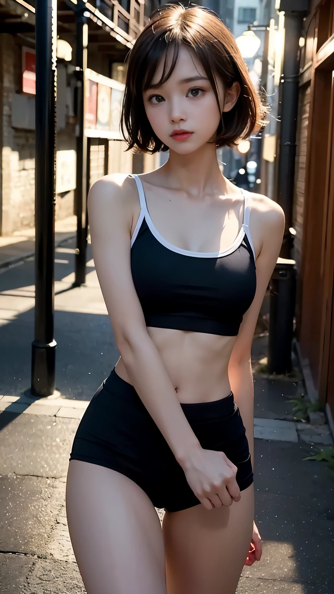 (((Meeting in a dark alley at night))), (Wearing school-designated gym clothes:1.3), (:1.4), (Amazingly cute:1.3), (The reality of high school girls engaging in compensated dating:1.3), ((highest quality, 8K, masterpiece)), (Photorealistic:1.4), (Baby Face:1.5), (Perfect body:1.2), (Slender body line:1.2), (Small and slender figure:1.3), (Detailed eyes and face:1.2), ((Enchanting Sparkle, Mysterious atmosphere, Exciting colors, Captivating colors,Dramatic lighting, Captivating aura)), (Accurate Shadows), (View the viewer), (Perfect Anatomy), (Little girl& hand:1.3), (Detailed hands:1.3), (Large Breasts), (short hair)