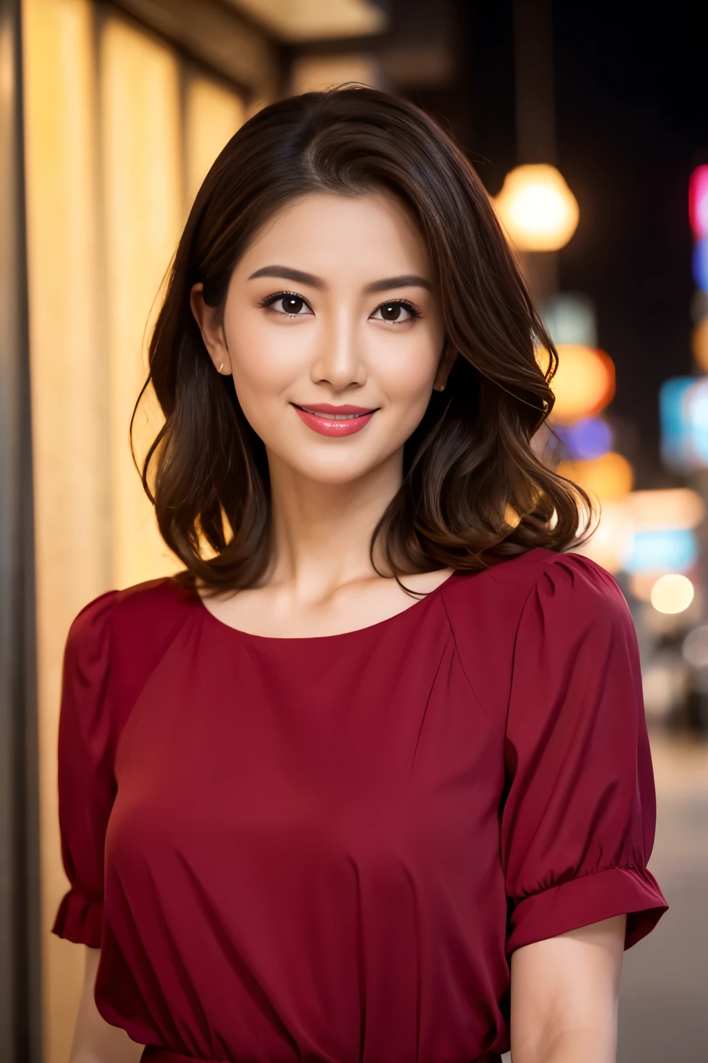 highest quality, 8K resolution, masterpiece, Professional photography, 40 year old beauty, Walk through the downtown area at night, (Elegant and stylish crimson top), Close-up of face, ((Look forward)), (((View your viewers))), smile, Wrinkles around the eyes, Standing Elegantly, Plump and soft body, Elegant and beautiful curly hair, Shapely breasts, Perfect Makeup, Beautiful lipstick, Elegant eyeshadow, Ultra-high resolution glossy skin