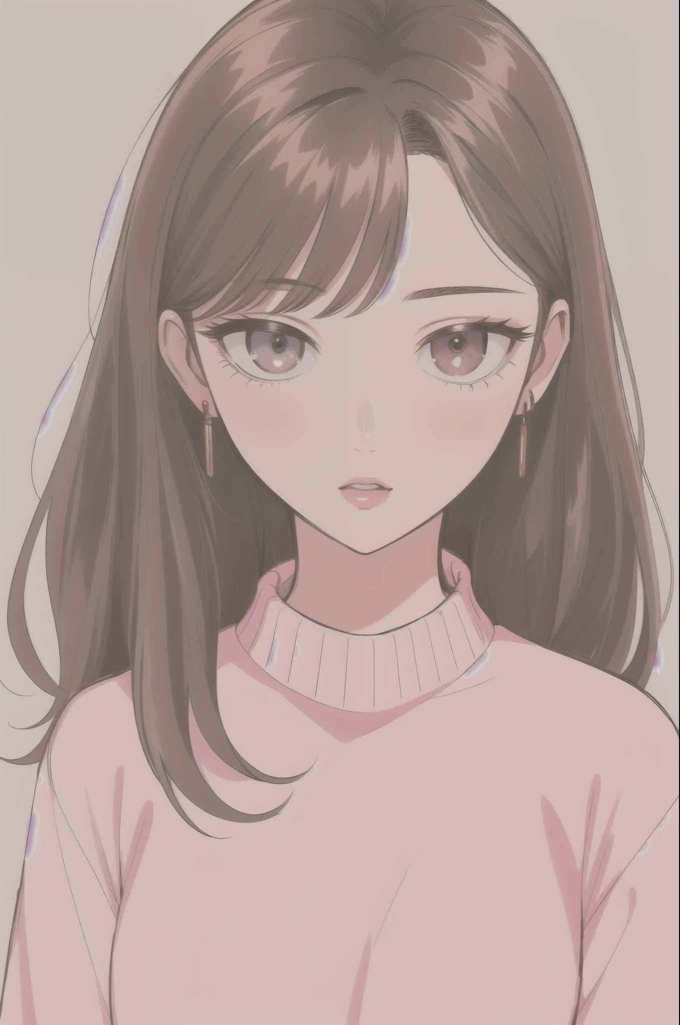 Girl, long soft brown hair, sharp gray eyes, sharp features, white skin, pink lips, sweater