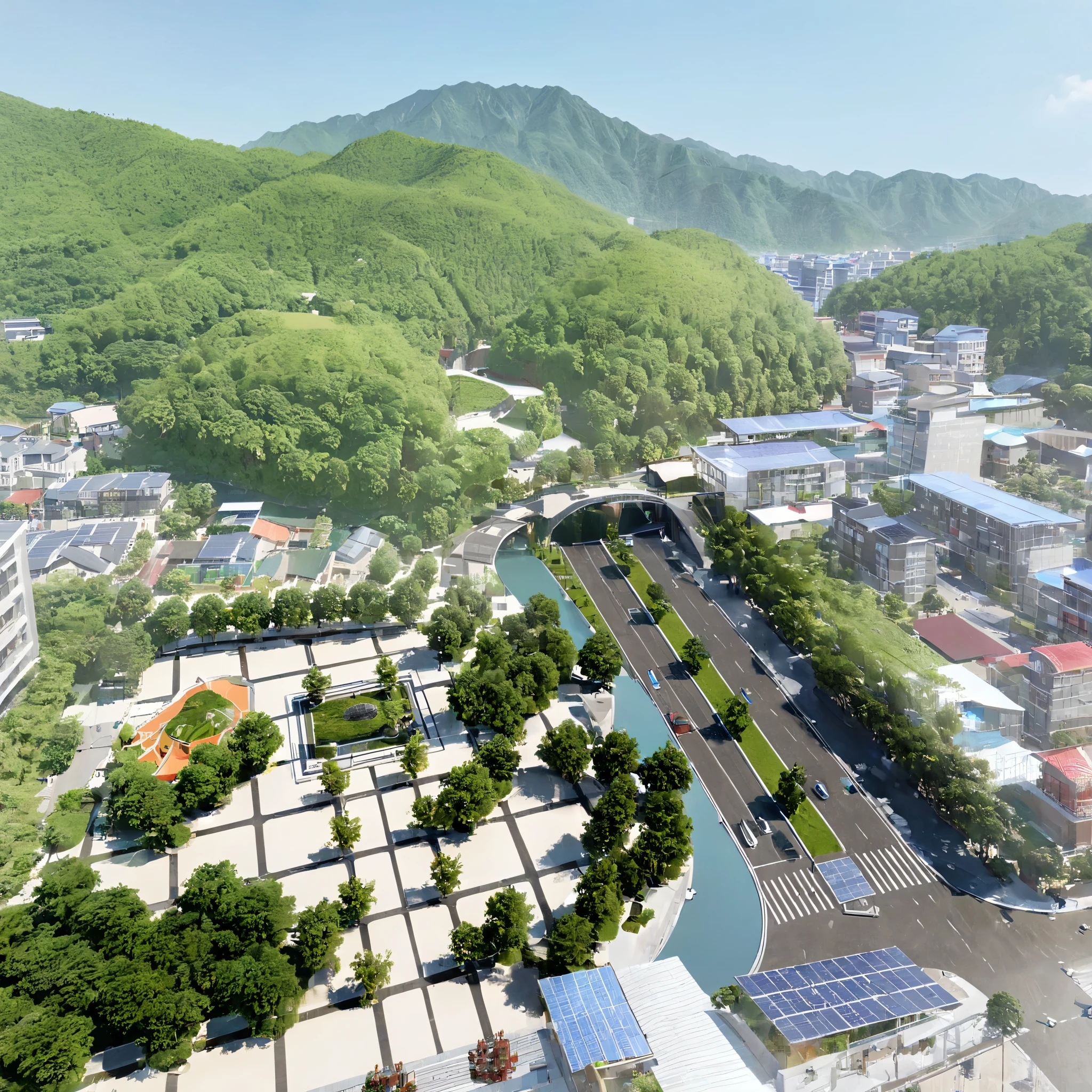 (masterpiece),(high quality),best quality,real,(realistic),Super detailed,(full details),(4k),8K, Aerial view of the small town square in Shangrao, with Jiaoguo Mountain in the background. There is an open space with green trees and solar panels on one side. In front was another street leading to downtown buildings. The river flows through the city center, surrounded by lush mountains. This photo captures the entire scene from above, showcasing urban development, natural scenery, and architectural beauty in the style of impressionist painters