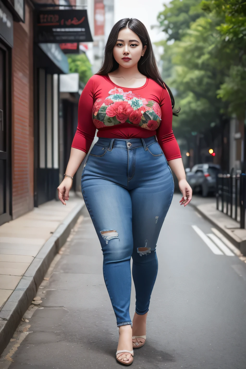 araffe woman in a red flower shirt and blue denim jeans walking down a street, thicc, she has a jiggly fat round belly, bbwchan, wearing tight simple clothes, skinny waist and thick hips, widest hips, her belly is fat and round, soft curvy shape, hyperrealistic full figure, wearing a cute top, wide hips, monsoon background 