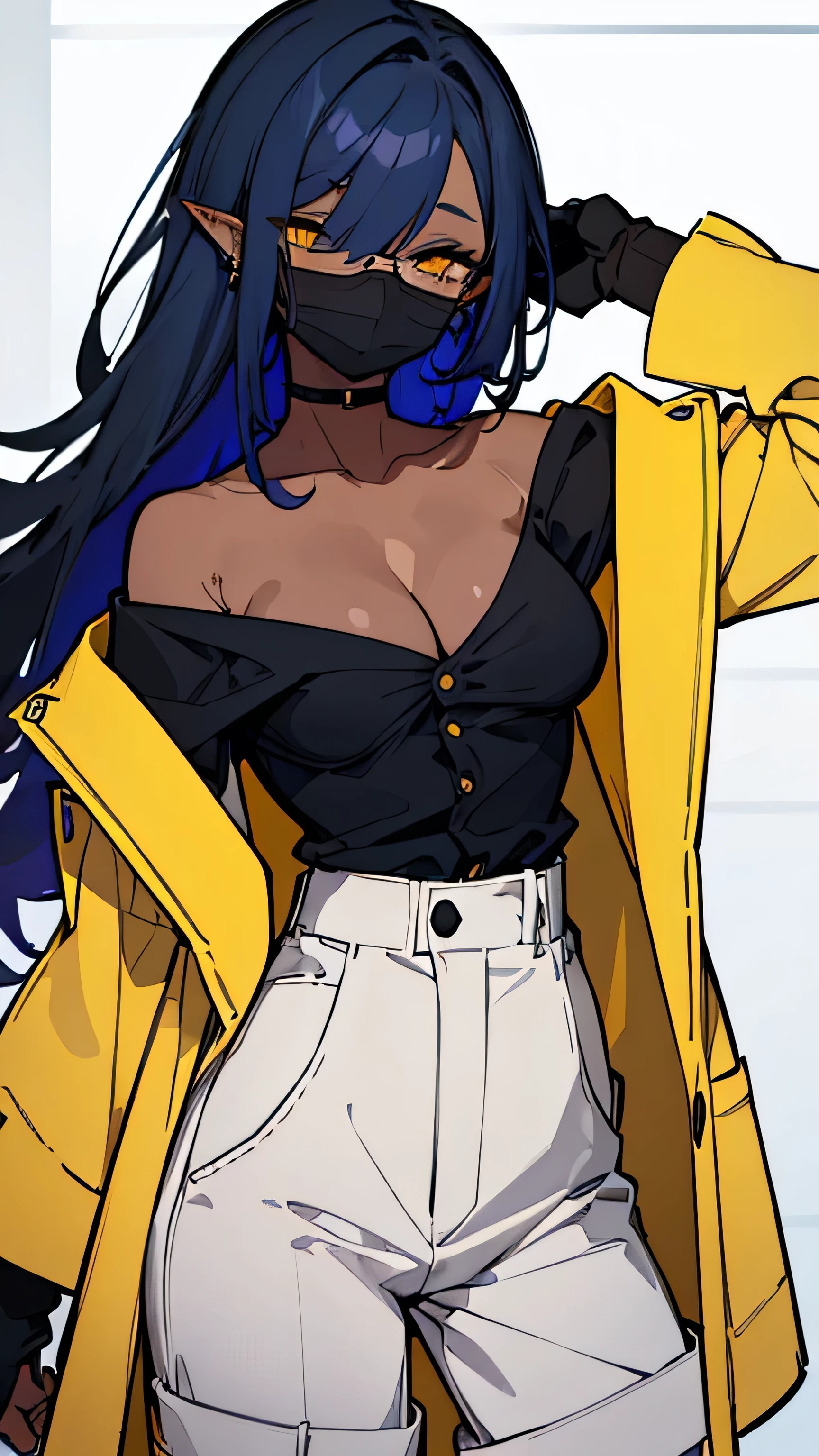 (highest quality、masterpiece:1.2) 1 Female, (adult), tall, (Dark skinned woman, hair over one eye), dark white hair, blue hair, mixed hair color, yellow Eyes, little glasses, ((black tailored jacket, white shirts, shorts pants)), smiling eye, collarbone, (cleavage), little earring, armpit, pointy ears, (off shoulder), leather gloves, (mouth mask),