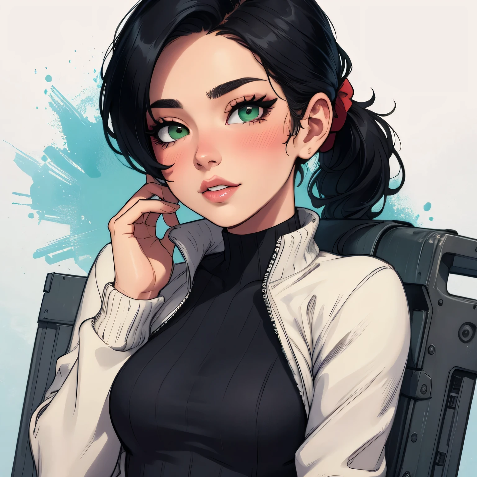 (best quality, highres:1.2), ultra-detailed, realistic:1.37, portraits, seductive gaze,detailed beautiful eyes,detailed long eyelashes,detailed lips,parted lips,intense blush,soft smile,soft smile and gaze,sexy woman, ponytail hairstyle, black hair,luscious black hair,cute ponytail,green sweater,cream cargo pants, medium chest, perfect body