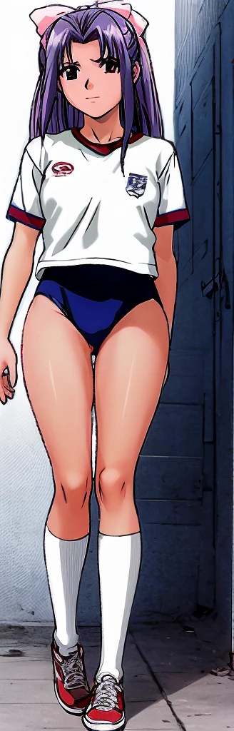 Momoko Koigakubo, a tall girl with beautiful legs, is standing from behind in a white gym uniform and light navy blue bloomers that look like panties.。