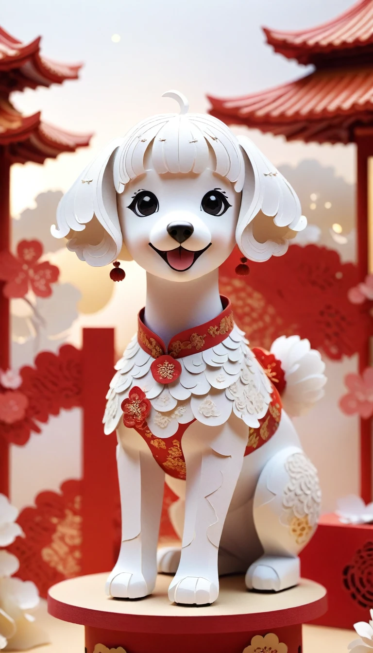 (paper art,layered paper art,Roll paper,Decoupage,Paper carving), 1 cheongsam,poodle head,fit,Perfect proportions,fine hair, whole body, Smile,Oriental elements,Simple background, White, (soft light, Bokeh)