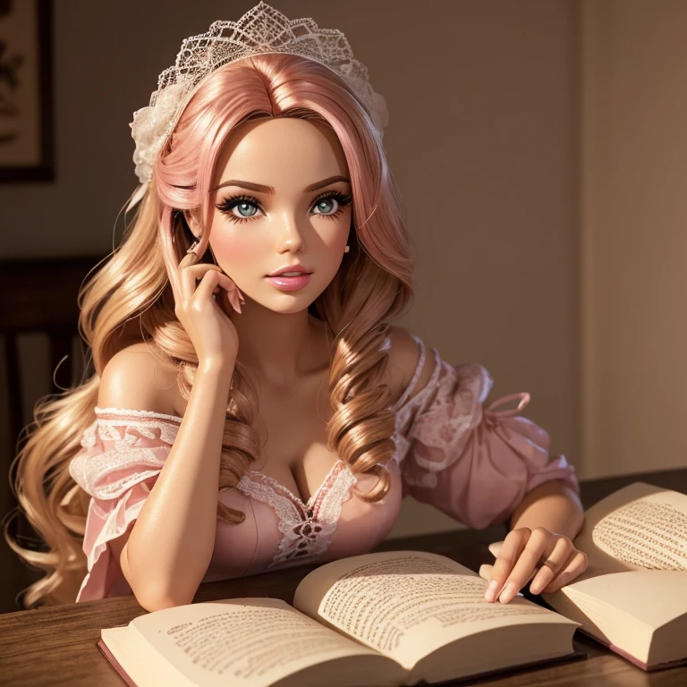 (versao escritora,boneca Barbie:1.1),(escrevendo,maquina de escrever:1.1),(mesa com muitos livros:1.1),(best quality,realistic:1.37),(vintage glow),(warm tones),(soft shadows)