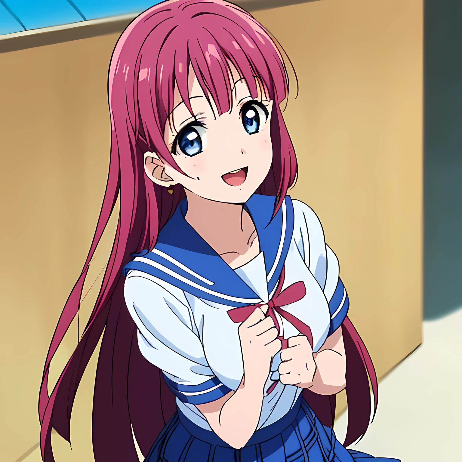 highest quality, (masterpiece:1.2), Very detailed, Game CG, ((((Very beautiful school uniform1Close-up shot of a girl)))), ((The girl everyone loves)), (((Very beautiful pink hair))), ((((Yellow sailor suit)))), ((Sailor uniforms have blue lines)), ((Dark navy blue checked long skirt)), ((((Very beautiful and shining eyes)))), ((Very long eyelashes)), A big red ribbon on the chest, ((An elegant expression like a noble princess)), (((Beautiful and great smile))), Small face and great posture, ((Give the viewer a heavenly feeling of happiness)), (((Blur the background))), ((A very compassionate face)), ((Anime heroine smiling and open mouth)), ((Slender and shapely breasts))