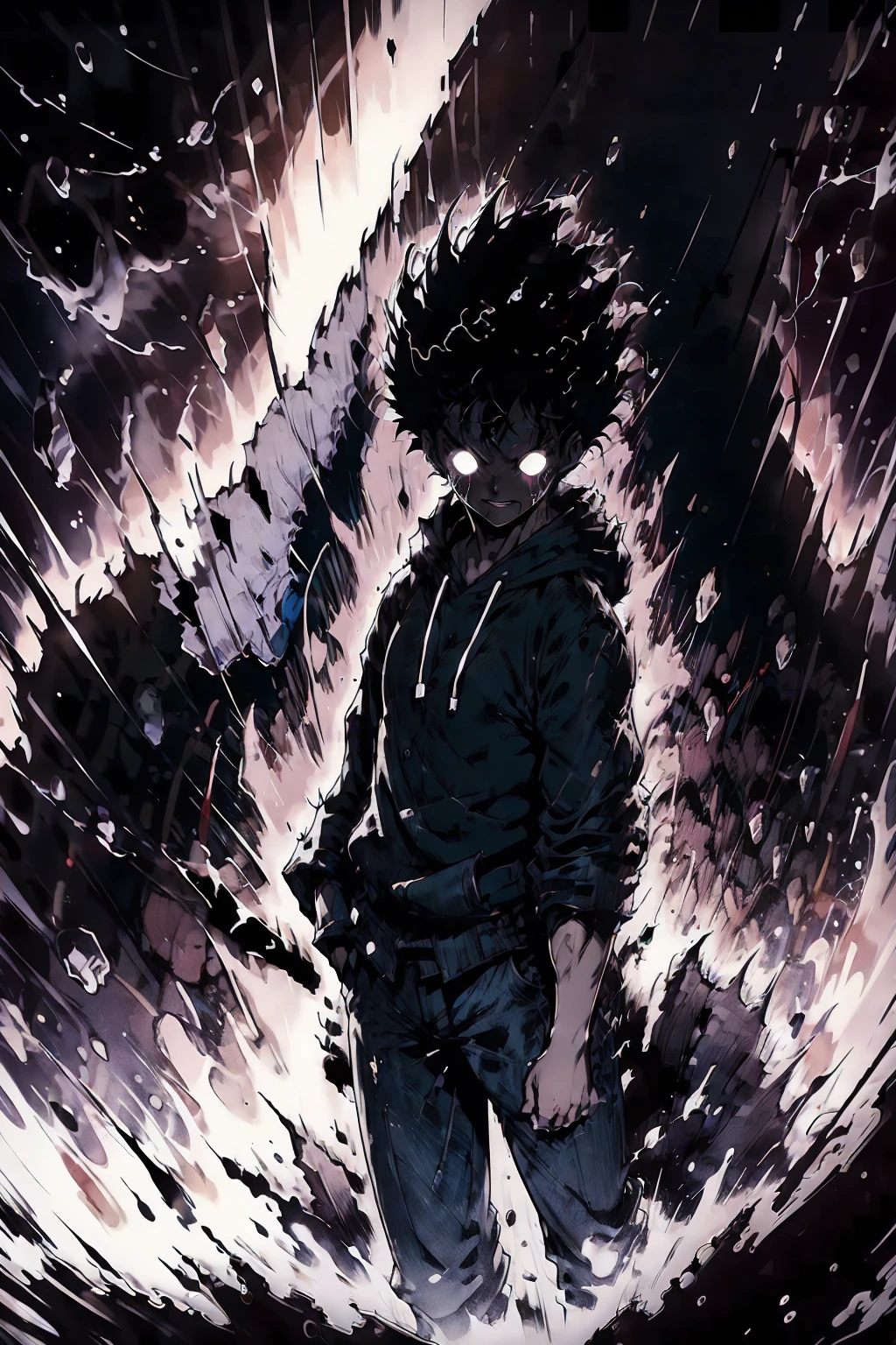 ((illustration)), (best quality)), ((masterpiece)), (simple detail), comic cover, a young man spreading his arms wide while explosion happens behind him, dark shadows covers his front, Dark hoodie, evil smile, solo: 2, ragemode, destruction