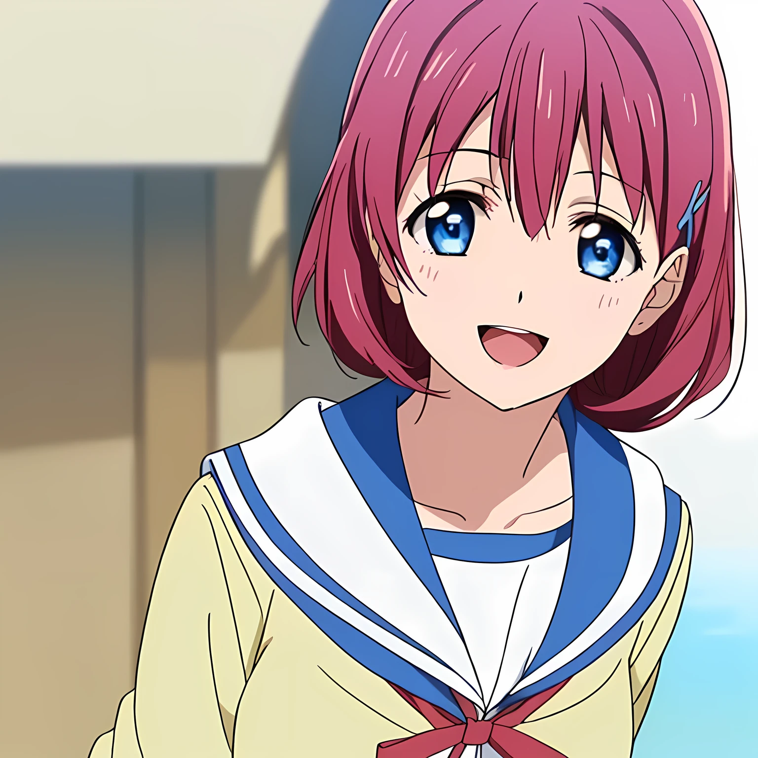 highest quality, (masterpiece:1.2), Very detailed, Game CG, ((((Very beautiful school uniform1Close-up shot of a girl)))), ((The girl everyone loves)), (((Very beautiful pink hair))), ((((Yellow sailor suit)))), ((Sailor uniforms have blue lines)), ((Dark navy blue checked long skirt)), ((((Very beautiful and shining eyes)))), ((Very long eyelashes)), A big red ribbon on the chest, ((An elegant expression like a noble princess)), (((Beautiful and great smile))), Small face and great posture, ((Give the viewer a heavenly feeling of happiness)), (((Blur the background))), ((A very compassionate face)), ((Anime heroine smiling and open mouth)), ((Slender and shapely breasts))