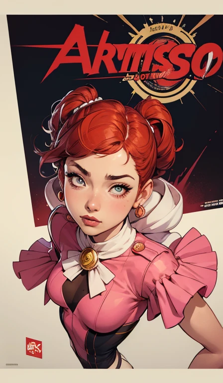 Com um dragão Ennifer Connelly, muito longo no modo retrato e meio cacheado com franja, seios pequenos, olhos grandes com um brilho apaixonado, olhosum desenho de uma mulher com uma roupa rosa e botas, fanart da coelhinha lola, comic Poster style, Poster art, Poster body, Poster, pink iconic character, fofosexyrobutts, vestido vermelho amy rose, peach princess), Krenz Cushart e Artgerm, Ann Takamaki de Persona 5, corpo de chiclete, ( figura altamente detalhada ), Faye Valentim