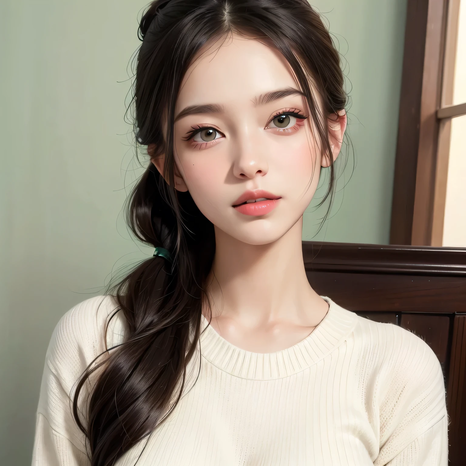 (best quality, highres:1.2), ultra-detailed, realistic:1.37, portraits, seductive gaze,detailed beautiful eyes,detailed long eyelashes,detailed lips,parted lips,intense blush,soft smile,soft smile and gaze,sexy woman, ponytail hairstyle, black hair,luscious black hair,cute ponytail,green sweater,cream cargo pants, medium chest, perfect body