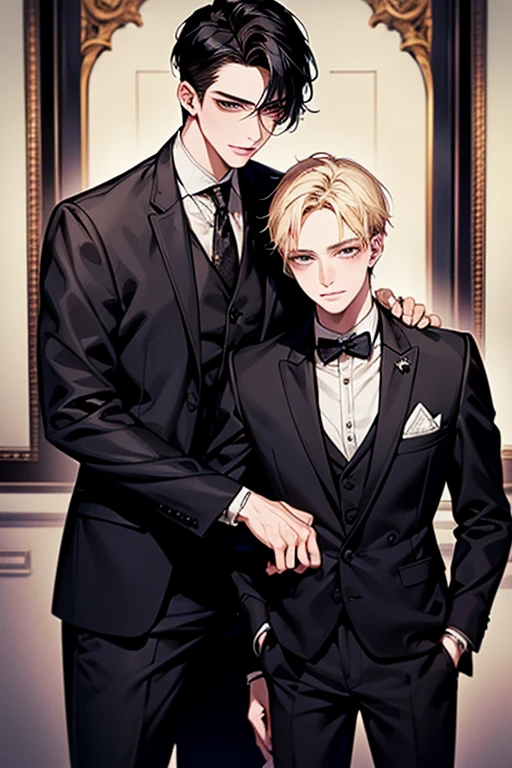(highest quality), Very detailed, ((Two men)), Perfect Face, Beautiful Face, Very detailed顔,(Black Haired Man:1.3),(Blond man:1.3),suit,host、whole body