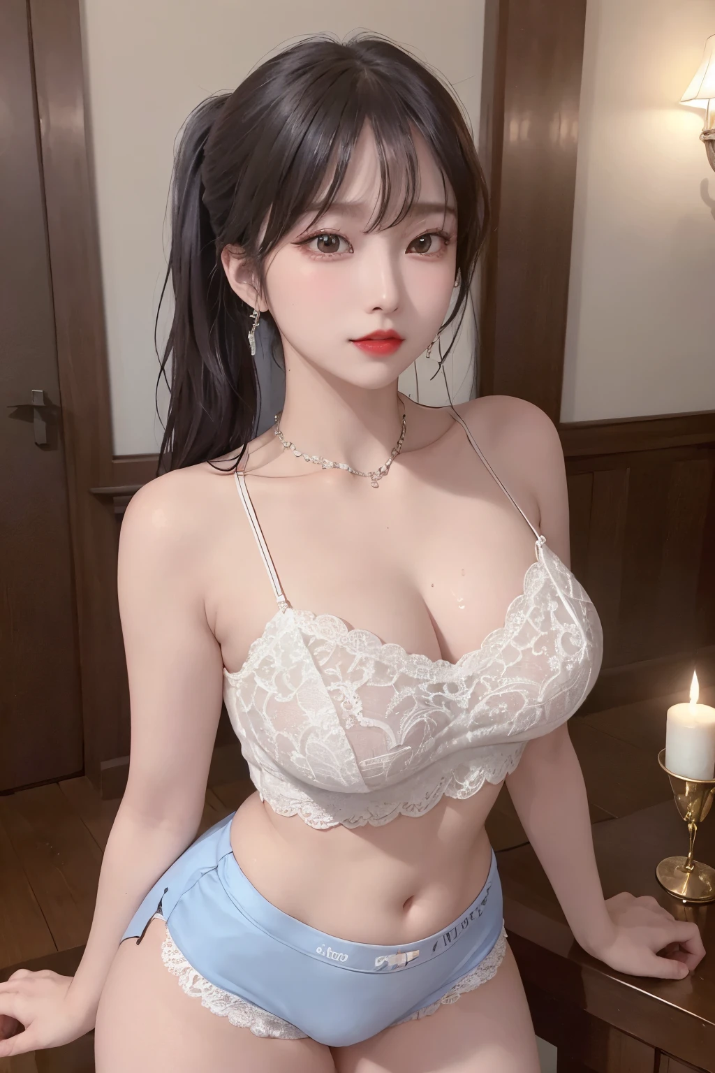 A sexy and charming korea woman, legs thrown back, elegant and intellectual, confident and generous, exquisite and beautiful face, exquisite collarbone, charming fragrant shoulders, navel, full body wet photo, body facing the front, beautiful and exquisite pretty face, peach Red lips, fragrant shoulders slightly exposed, super big breasts looming, focus on the face, seductive and delicate collarbone, ultra-high resolution, tender and smooth skin, very realistic details, bokeh, Bright Background, ultra-high-definition, outstanding details, 8K, blushing face, Attractive collarbone, sexy shoulders, one person, wet bob hair, ponytail long hair, smile with teeth, clothes((luxury lace crop top and lace boxers with deep cleavage, luxury necklace):1.2), high detail, shiny skin, (standing pose:1.5),