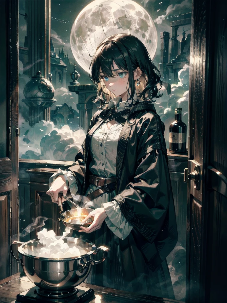 whole body, a beautiful witch in her alchemist room, working on her project with a steaming cauldron filled with green glowing smoke, against the backdrop of a fantasy night with a full moon and a view from the window, dressed in a traditional witch outfit, absurdres, RAW photo, extremely delicate and beautiful, masterpiece, Best Quality, ultra high resolution, 32k, hyperrealistic, ultra-detailed, detailed description, pale skin, 20 years old, detailed beautiful face and eyes, tearful mole, earring, Colossal tits, short medium hair, wavy hair,　