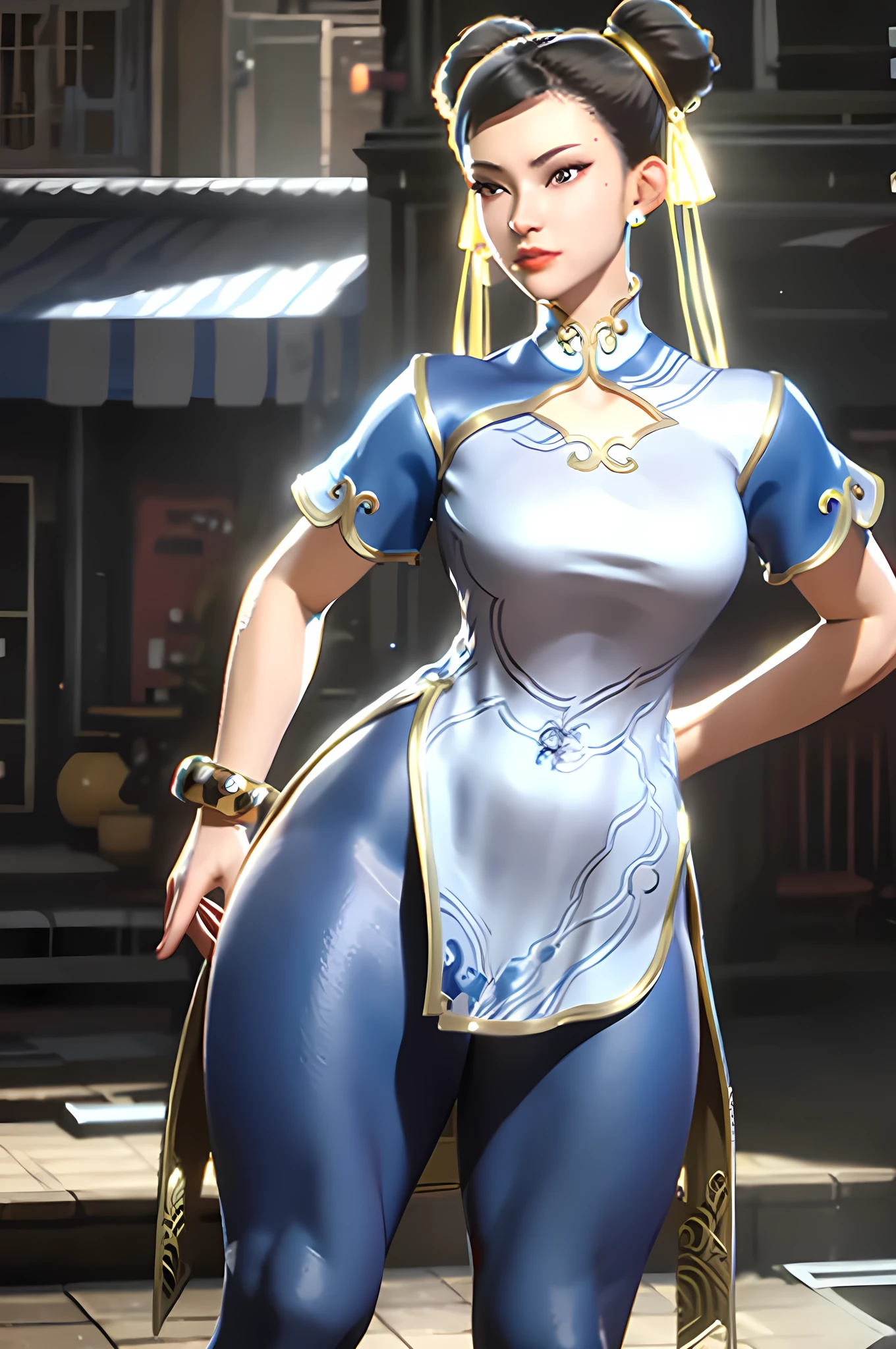 realistic, realism, photorealism, photo-realistic, high contrast, (photorealistic:1.4), 8k high definition detailed realistic, NSFW,(best quality, masterpiece:1.2),  photon mapping, radiosity, physically-based rendering, best quality, highly detailed, 1girl, sfchunli, pat pussy, cameltoe, blue leggings, full body, outdoor, thick thighs, standing with one leg, leaning, leg up,