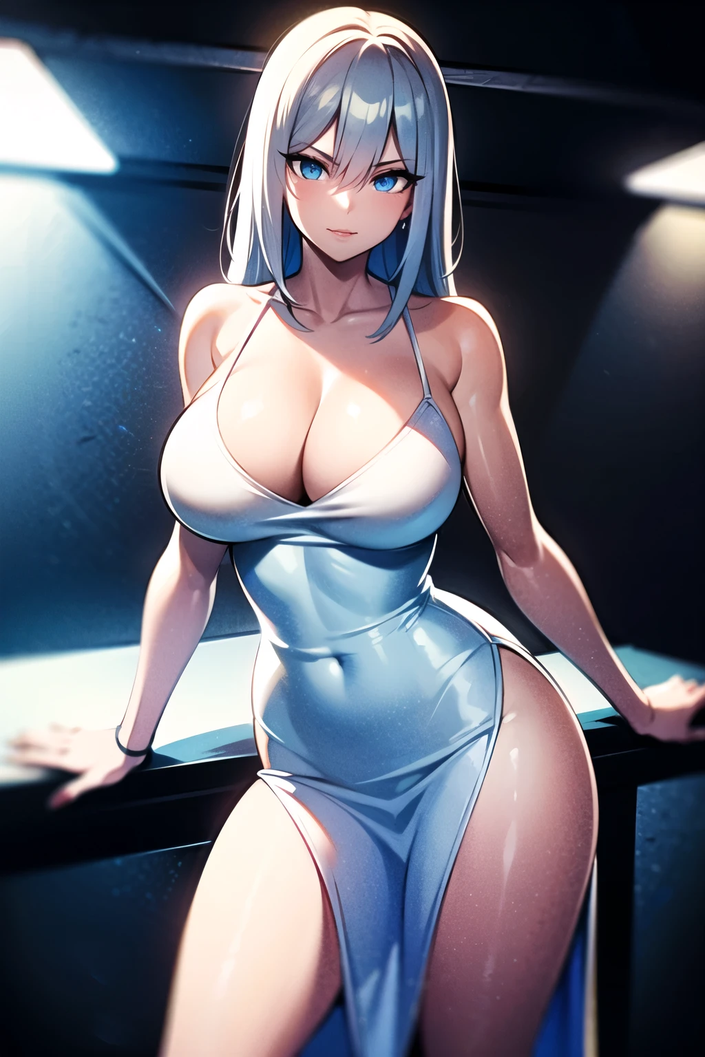 ((best quality)), ((masterpiece)), (detailed), perfect face, grown-up female, futuristic sci-fi style, blue eyes, serious, bossy, curves, office clothings, long dress, open cleavage, standing, seductive pose, night club hub with neon lights, looking in the camera