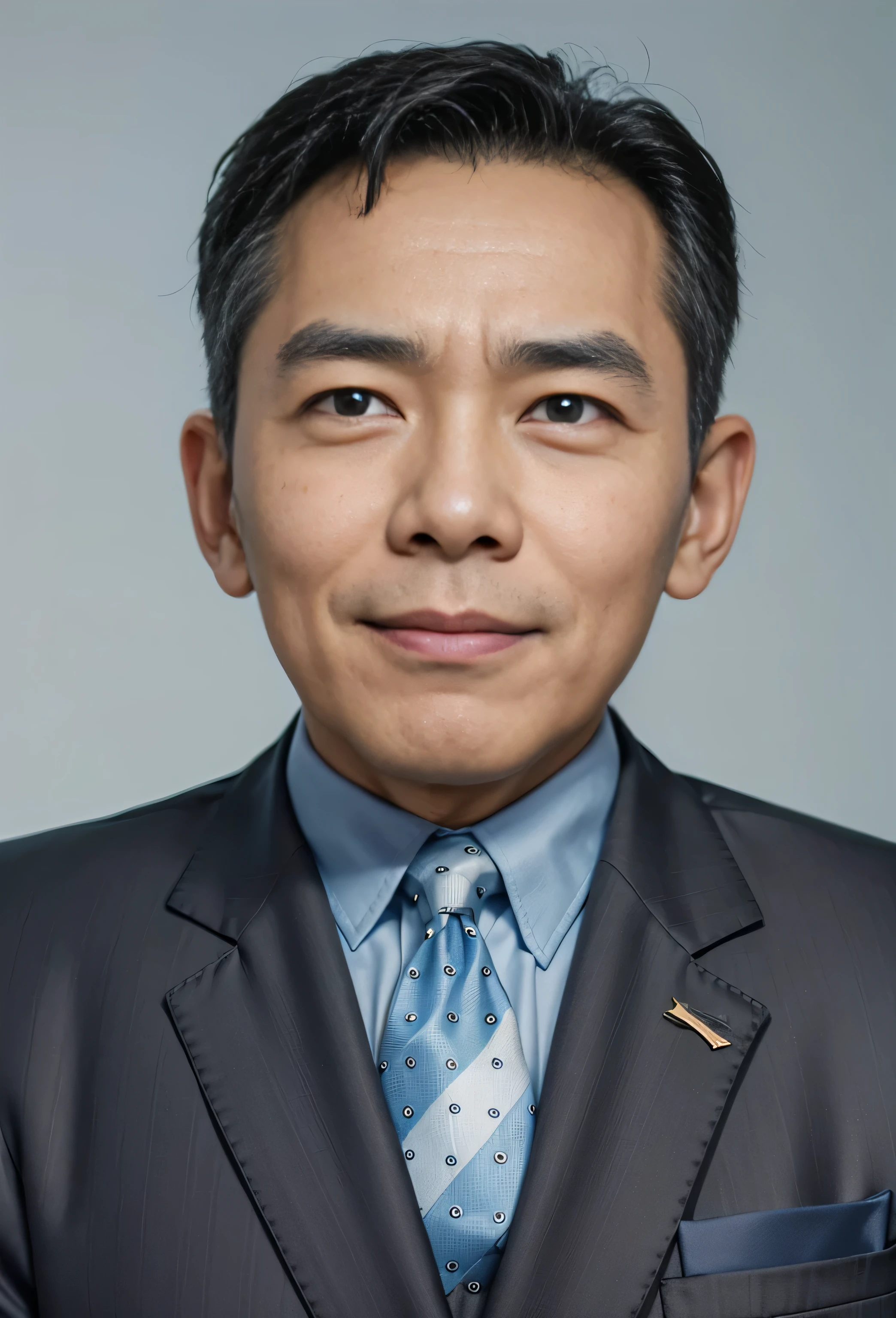 Highly realistic photo, ((masterpiece), (best quality), (raw photo), (photorealistic:1.4), Portrait of Vietnamese man, 75 years old, ((gray hair)), ((black suit)), smiled slightly showing his front teeth, ((light blue background)), photo taken by Sony A7IV