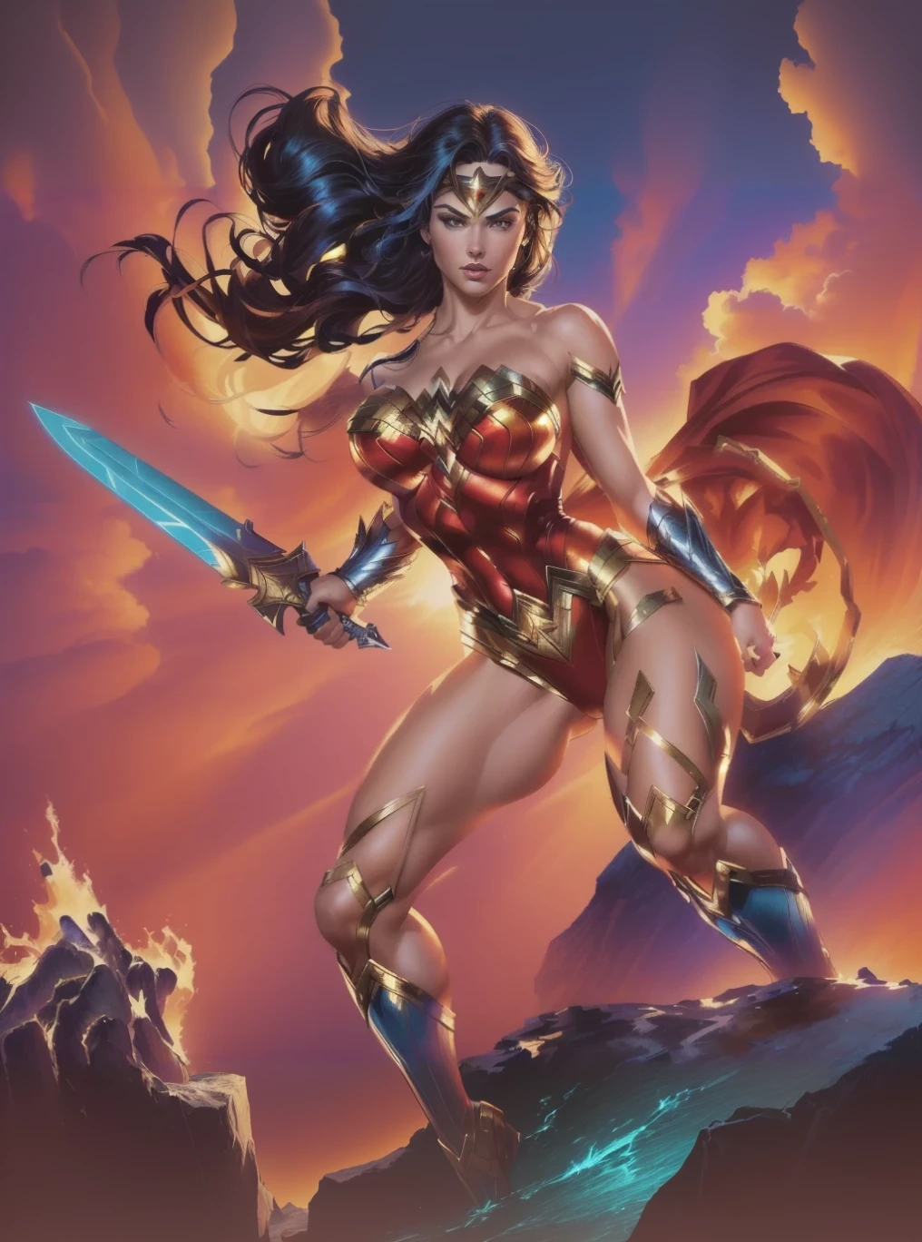 ((fantasy art)), action, heroism, grandeur, power, sensuality, dazzling shadows, expertly detailed, epic, powerful and profound. Wonder Woman from DC Comics is standing on a large rock, she is above us, we have a view from below, Wonder Woman is incredibly beautiful, slender, dynamic pose, action pose, knees slightly bent, she is holding a sword in her right hand and shield in her left hand, her legs are slightly bent, dynamic pose, battle pose, she stares at the camera, Her hair is very long and flowing. Full body, full body body. view from below, she is on top of a large rock, the waves crash against the rock she is standing on, it is raining. Style Jim Lee, Ed Benes, Ivan Reis, Frank Cho. ((best quality)), ((masterpiece)), (high resolution: 1.2), ((best quality)), ((masterpiece)), (high resolution: 1.2)