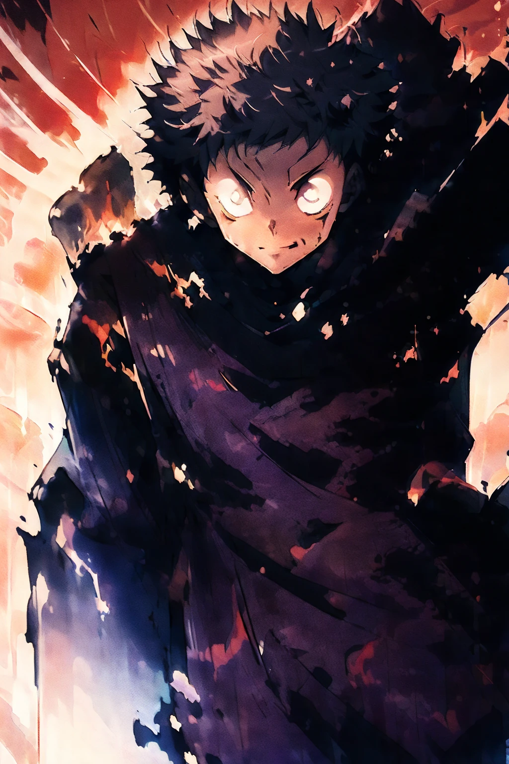 ((illustration)), (best quality)), ((masterpiece)), (simple detail), comic cover, a young man spreading his arms wide while explosion happens behind him, dark shadows covers his front, Dark hoodie, evil smile, solo: 2, ragemode, destruction, itadori yuuji
