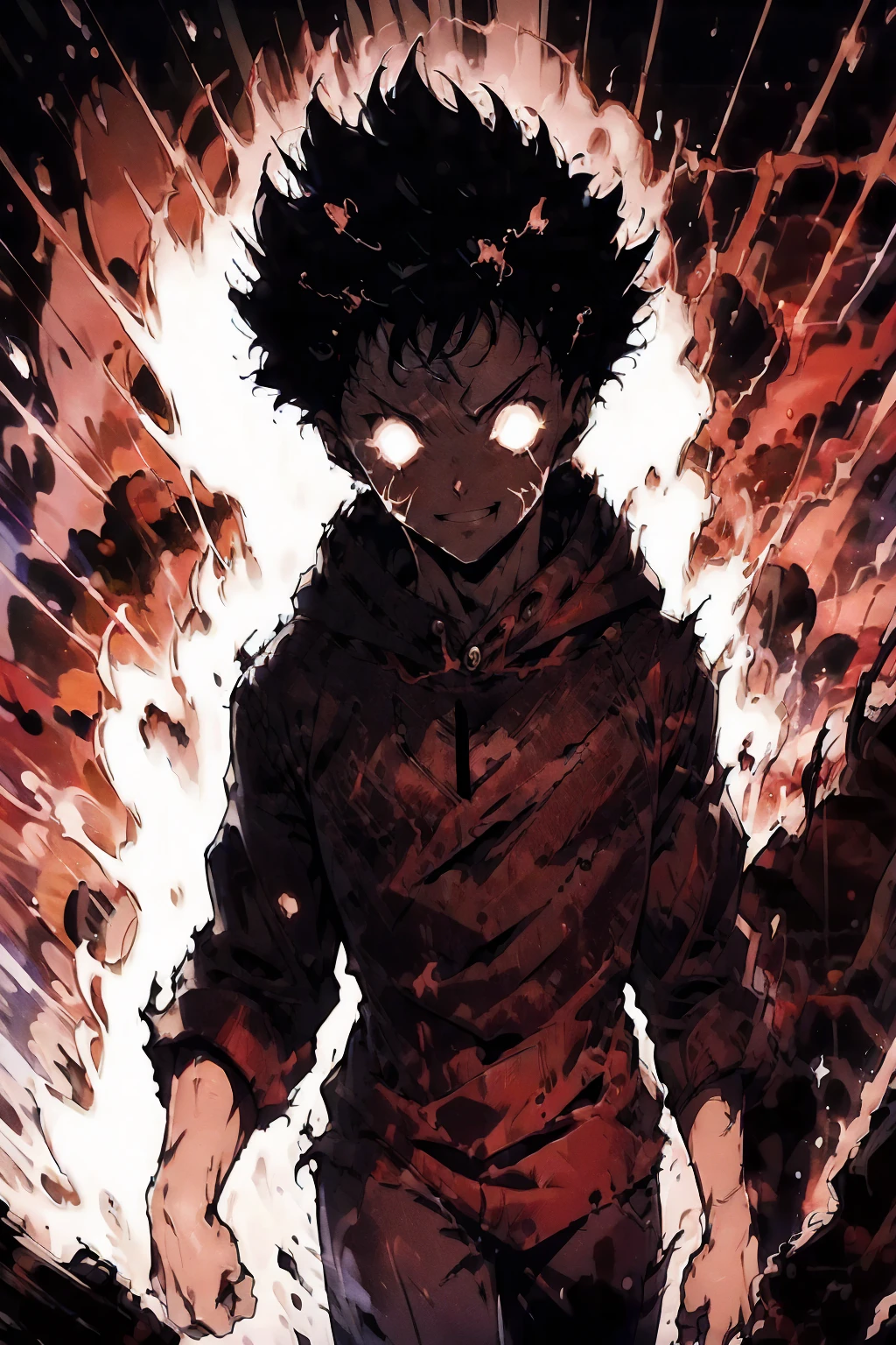 ((illustration)), (best quality)), ((masterpiece)), (simple detail), comic cover, a young man spreading his arms wide while explosion happens behind him, dark shadows covers his front, Dark hoodie, evil smile, solo: 2, ragemode, destruction, itadori yuuji