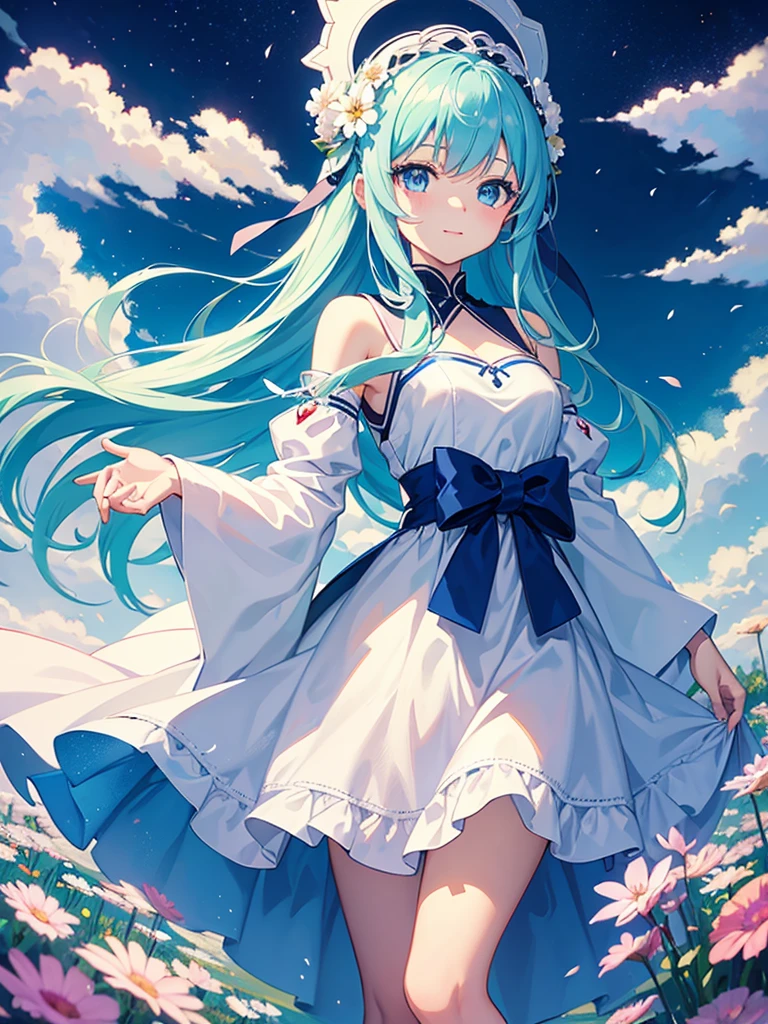 An anime girl,Light blue hair,Blue eyes,White裙子,White,Flower headdress,Standing in the flower field,Smile,Starry sky background,trending on artstation pixiv, digital art on pixiv, anime art wallpaper 8 k, guweiz on pixiv artstation, anime art wallpaper 4 k, anime art wallpaper 4k, top rated on pixiv, beautiful anime artwork, pixiv contest winner