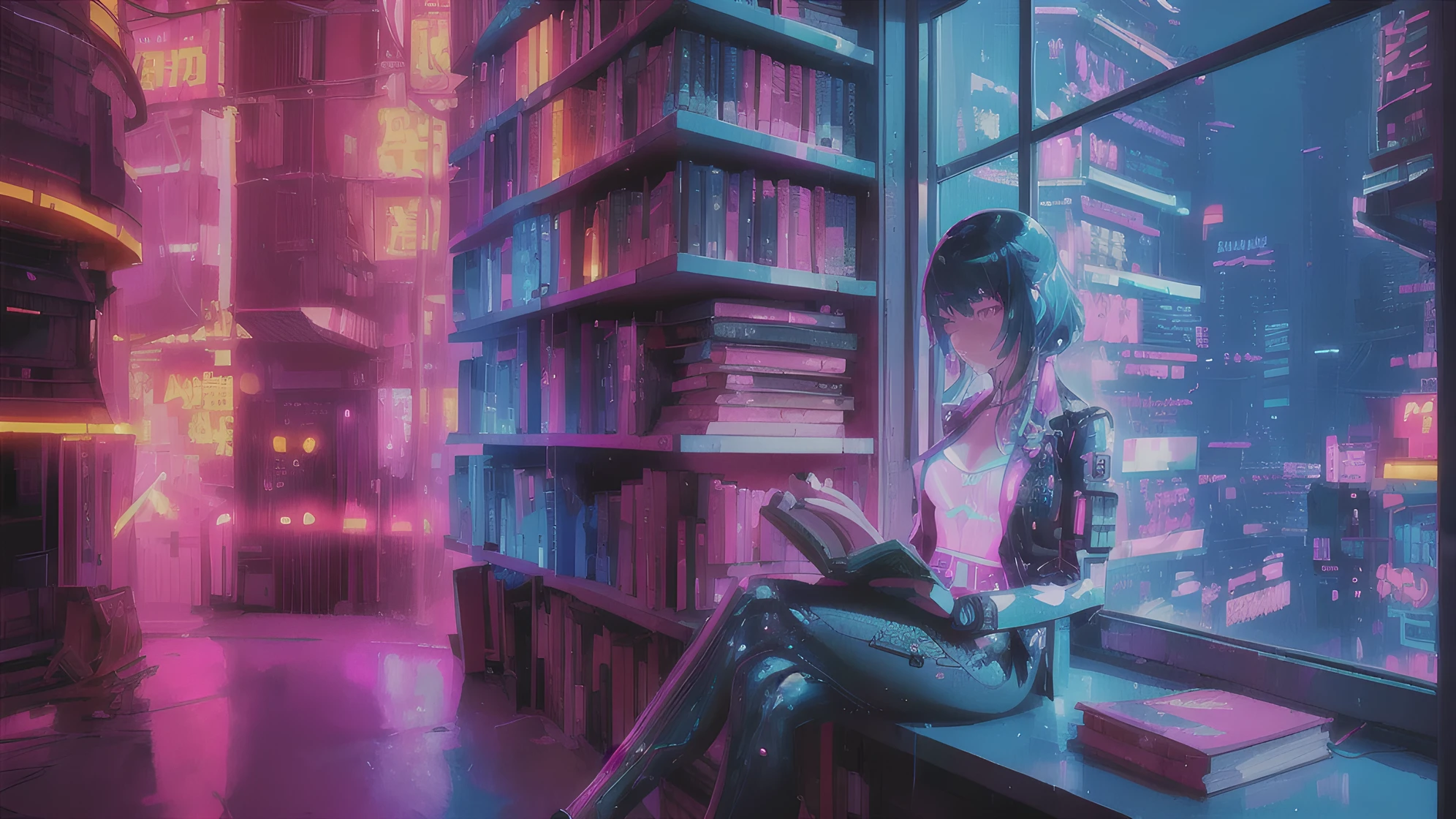 A woman in a suit sitting on a windowsill and reading a book, Neon lights and fantasy, Neon lighting cyberpunk, Dreamy and colorful cyberpunk colors, Dreamy Cyberpunk Girl, Cyberpunk atmosphere, Cyberpunk Style, Bright Cyberpunk Glow, Beeple's Style Hybrid Mix, Beeple Style, Beeple Style, Neon Cyberpunk Style, Cyberpunk atmospheres, Cyberpunk aesthetic