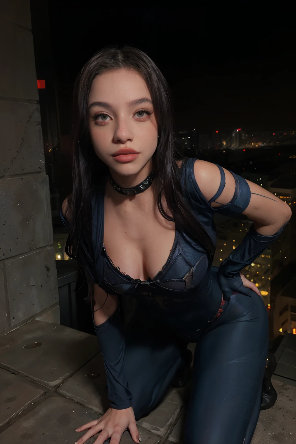 traje azul y rojo de spider man. emilia mernes en metropolis, de noche. en un super edificio alto, con traje de super heroe, spider woman
