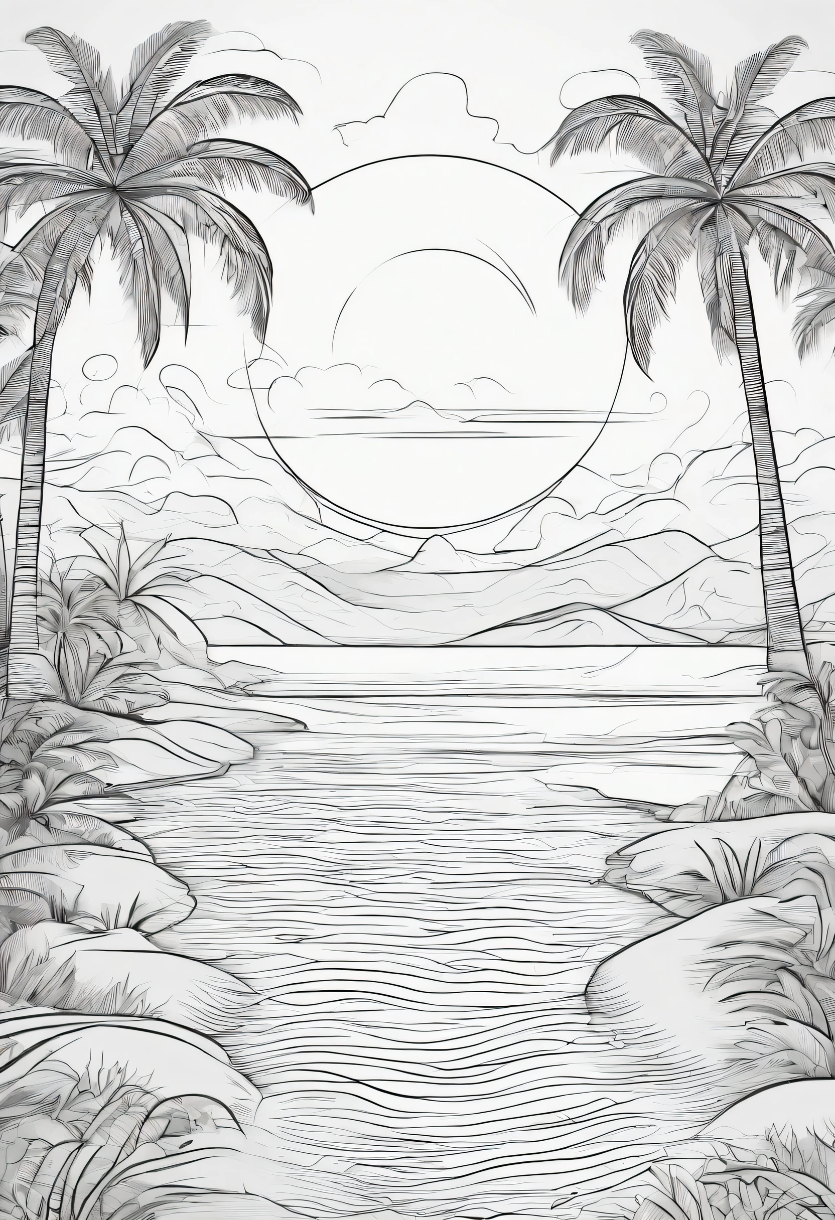 relaxing beach scene, adult coloring book, with palm trees, small waves, sand, detailed, remove sun, add clouds