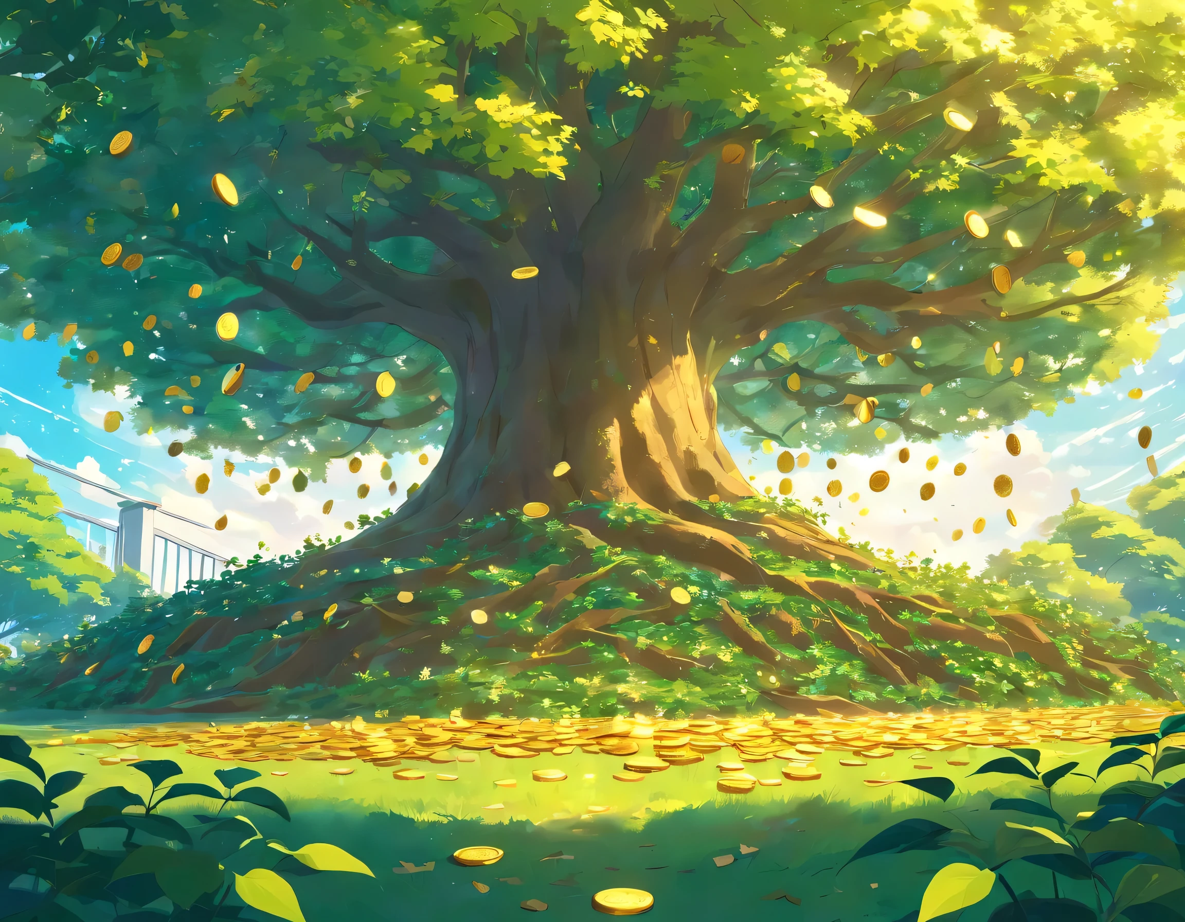 A tree is surrounded by vines,The ground was covered with gold coins, no people
