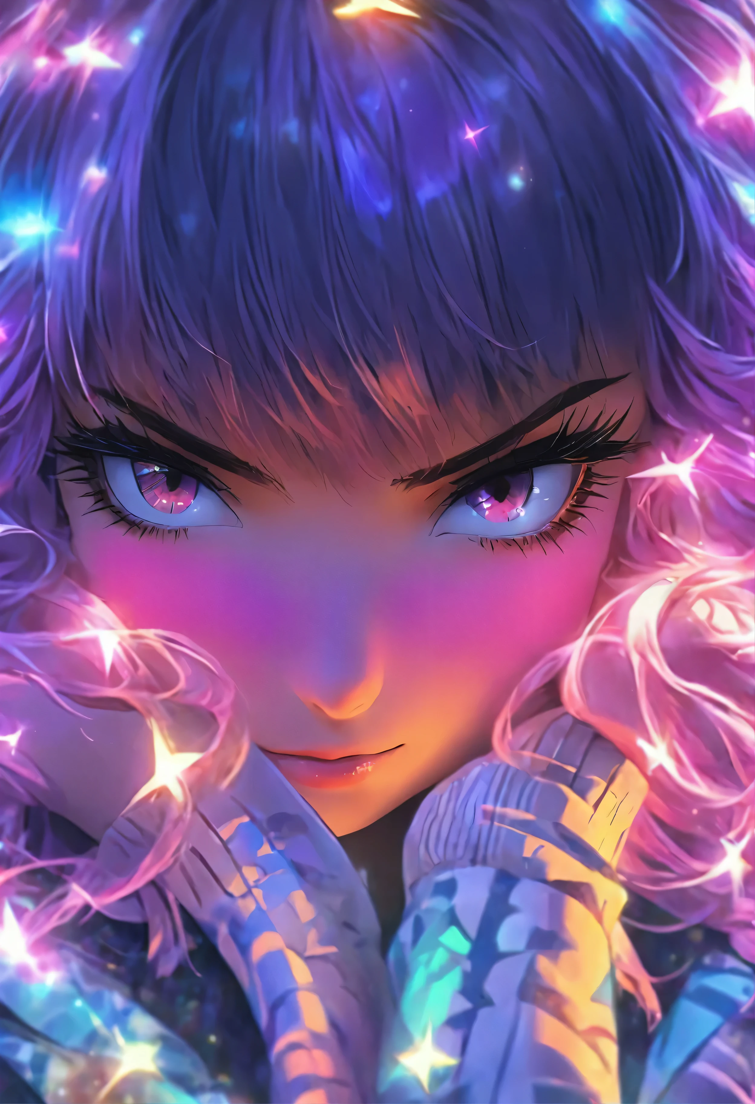 ((custom-eye-mask)), ((patterned mask)), ((patterned eye mask)), string hair ribbon, purple hair, ((realistic)), ((photorealisim)), ((photorealistic)), ((cosplay)), ((real life)), 1girl, solo, closed eyes, black hair, multicolored hair, blush, fur trim, fur-trimmed coat, smile, coat, purple hair, long hair, ((eye mask)), bangs, closed mouth, bow, flying sweatdrops, white coat, ribbon, bandages, two-tone hair, upper body, white bow, hair ornament