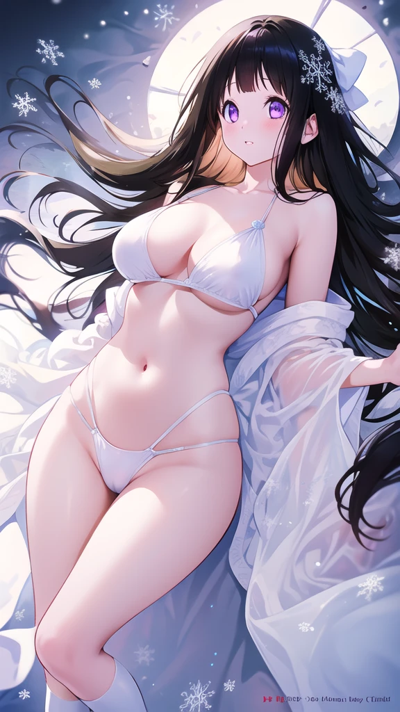 Beautiful Chitanda,只有一个beautiful girl,Purple Eyes, Black Hair, Natural straight hair, Straight bangs,Extremely refined,open your lips,Face is so red,Very white skin,Skin as delicate as porcelain,Glowing skin,big eyes,Flowing long hair,beautiful girl, Like a dream,Slim,Slim waist,Soft, (Sensual), (Kawaii), Dream quality,On the snowy mountain,Ogiya,stove,,Falling snowflakes,Snowflakes fall on breasts,White bikini tights,Reveals a snow-white back,Wearing a black robe,Black hat,Soft乳房,Deep V neckline,Beautiful big breasts,no pants,No pants,Delicate clavicle,Delicate hands and feet,Bare neck,There is no decoration on the neck,Bare thighs,Exposing the groin,Camel toe,extremely shy,Ultra-high resolution, (masterpiece:1.2, best quality), (Delicate and beautiful eyes: 1.2), (Beautiful and delicate face)