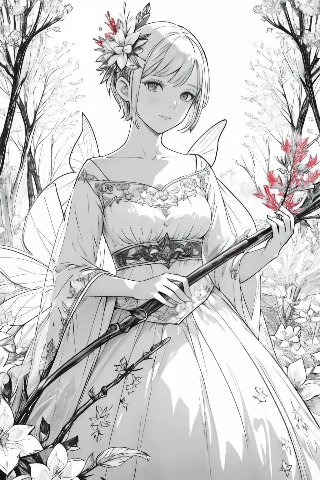 (Monochrome),White shorthair, Red sparkling eyes, Flower Fairy, Transparent and colorful feathers, Magic wand，The background is a forest，Fresh flowers，Green tree々，Superior Quality，figure，8k，High resolution, White shorthair