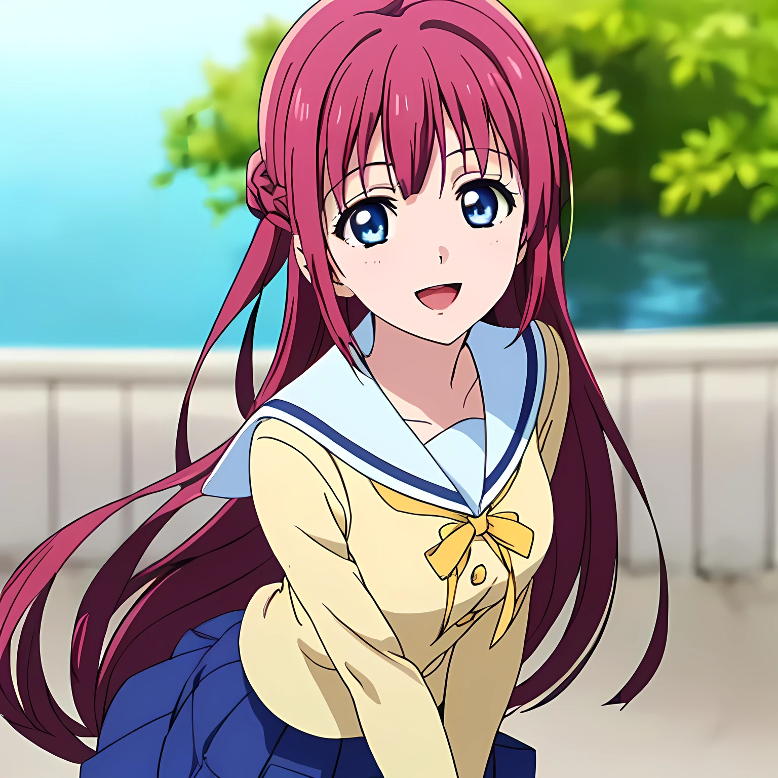 highest quality, (masterpiece:1.2), Very detailed, Game CG, ((((Very beautiful school uniform１Close-up shot of a girl)))), ((The girl everyone loves)), (((Very beautiful pink hair))), ((((Yellow sailor suit)))), ((Sailor uniforms have blue lines)), ((Dark navy blue checked long skirt)), ((((Very beautiful and shining eyes)))), ((Very long eyelashes)), A big red ribbon on the chest, ((An elegant expression like a noble princess)), (((Beautiful and great smile))), Small face and great posture, ((Give the viewer a heavenly feeling of happiness)), (((Blur the background))), ((A very compassionate face)), ((Anime heroine smiling and open mouth)), ((Slender and shapely breasts)), ((Drinking water in the park))