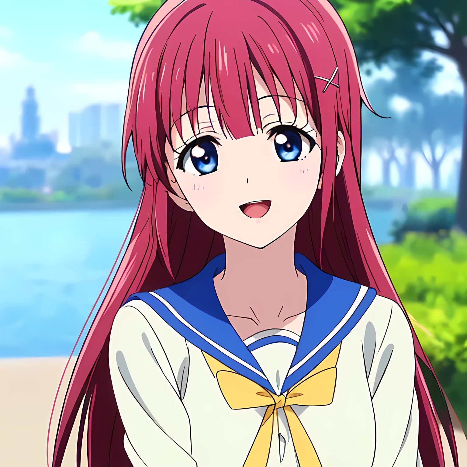 highest quality, (masterpiece:1.2), Very detailed, Game CG, ((((Very beautiful school uniform１Close-up shot of a girl)))), ((The girl everyone loves)), (((Very beautiful pink hair))), ((((Yellow sailor suit)))), ((Sailor uniforms have blue lines)), ((Dark navy blue checked long skirt)), ((((Very beautiful and shining eyes)))), ((Very long eyelashes)), A big red ribbon on the chest, ((An elegant expression like a noble princess)), (((Beautiful and great smile))), Small face and great posture, ((Give the viewer a heavenly feeling of happiness)), (((Blur the background))), ((A very compassionate face)), ((Anime heroine smiling and open mouth)), ((Slender and shapely breasts)), ((Drinking water in the park))