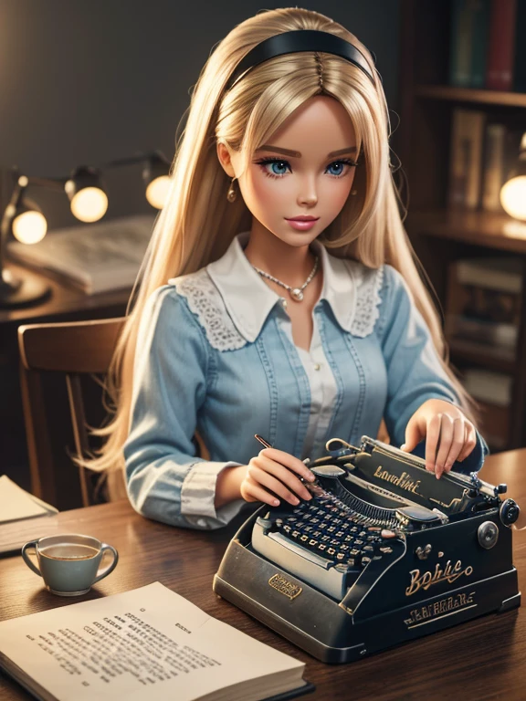 A Barbie doll as a writer, typing on a typewriter, with many books on the table. (best quality, 4k, highres, masterpiece:1.2), ultra-detailed, realistic:1.37, vivid colors, bokeh, studio lighting.