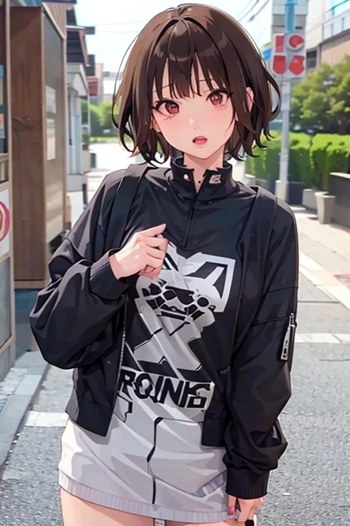 brown hair,short bob,black eyes,punk rock,anime,best quality,highly detailed,insanely detailed